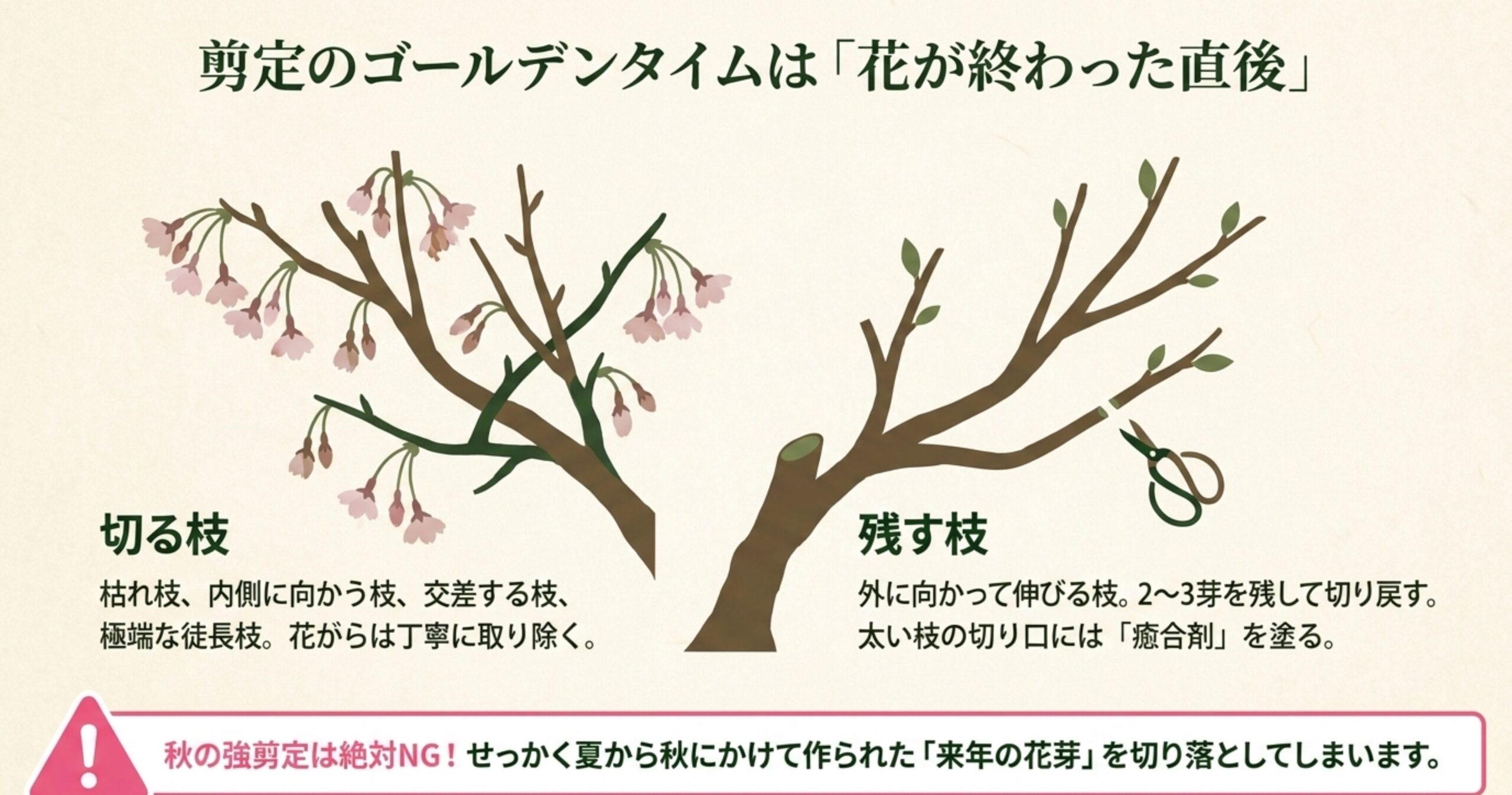 剪定のゴールデンタイムは花が終わった直後であることと、切る枝・残す枝の基準、秋の強剪定NGの理由を解説した図 。