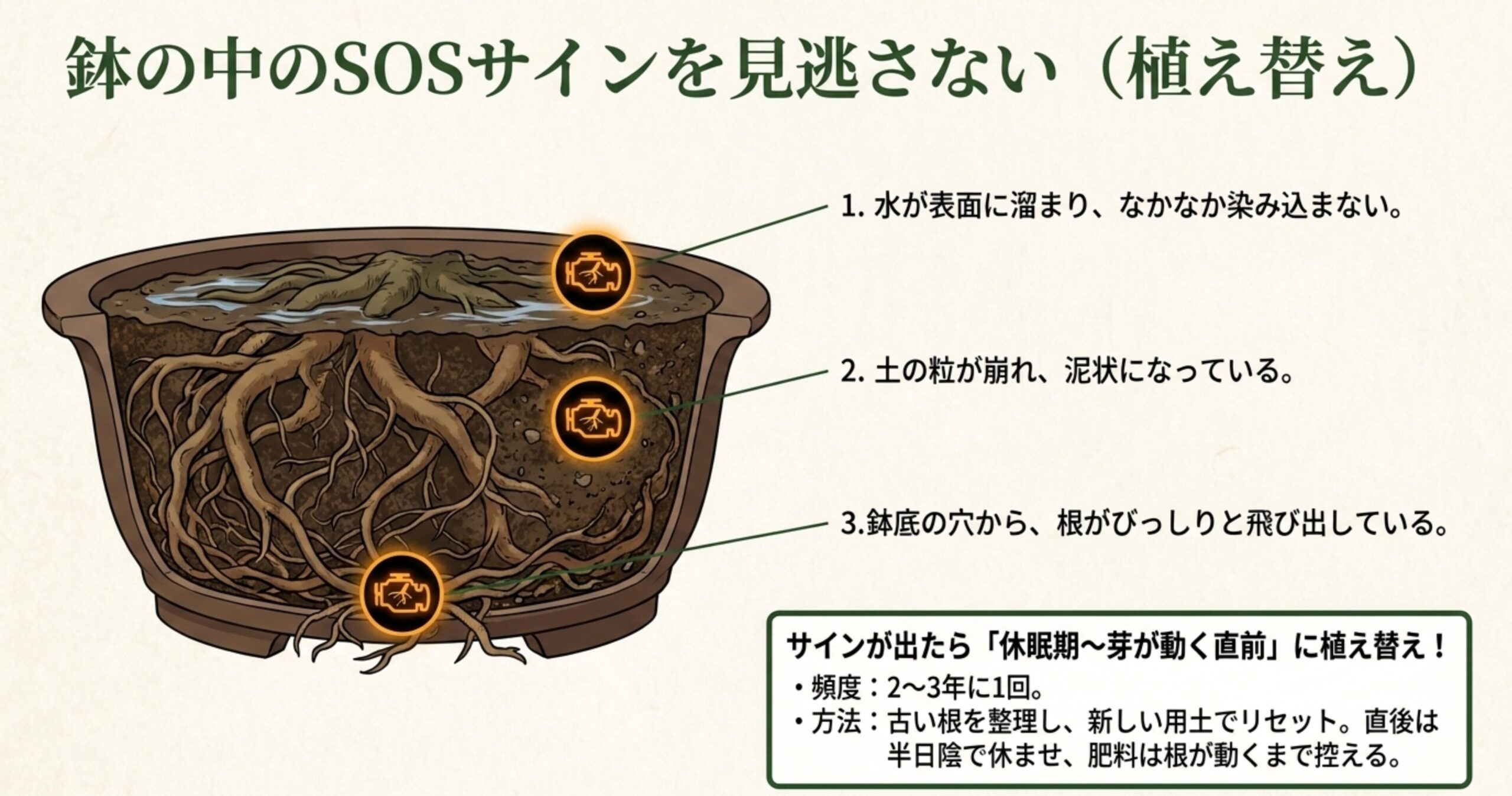 水が染み込まない、土が泥状、根が飛び出しているなど、植え替え時期を知らせる鉢のSOSサイン3つ