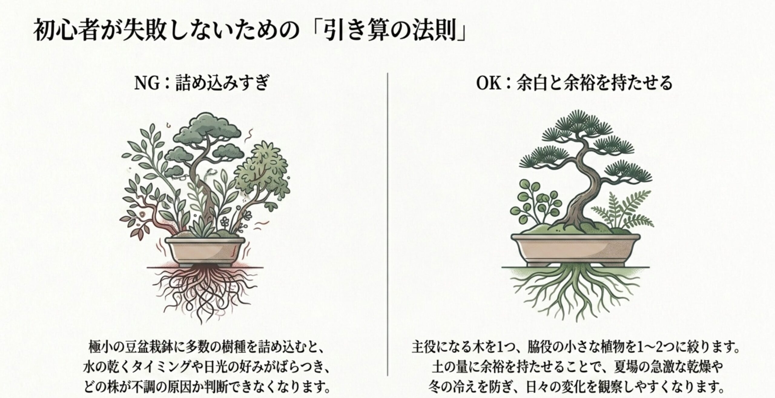 盆栽アソートにおける引き算の法則の図解 。NG例として多数の樹種を詰め込みすぎた鉢 、OK例として主役と脇役に絞り余白を持たせた鉢  の比較。