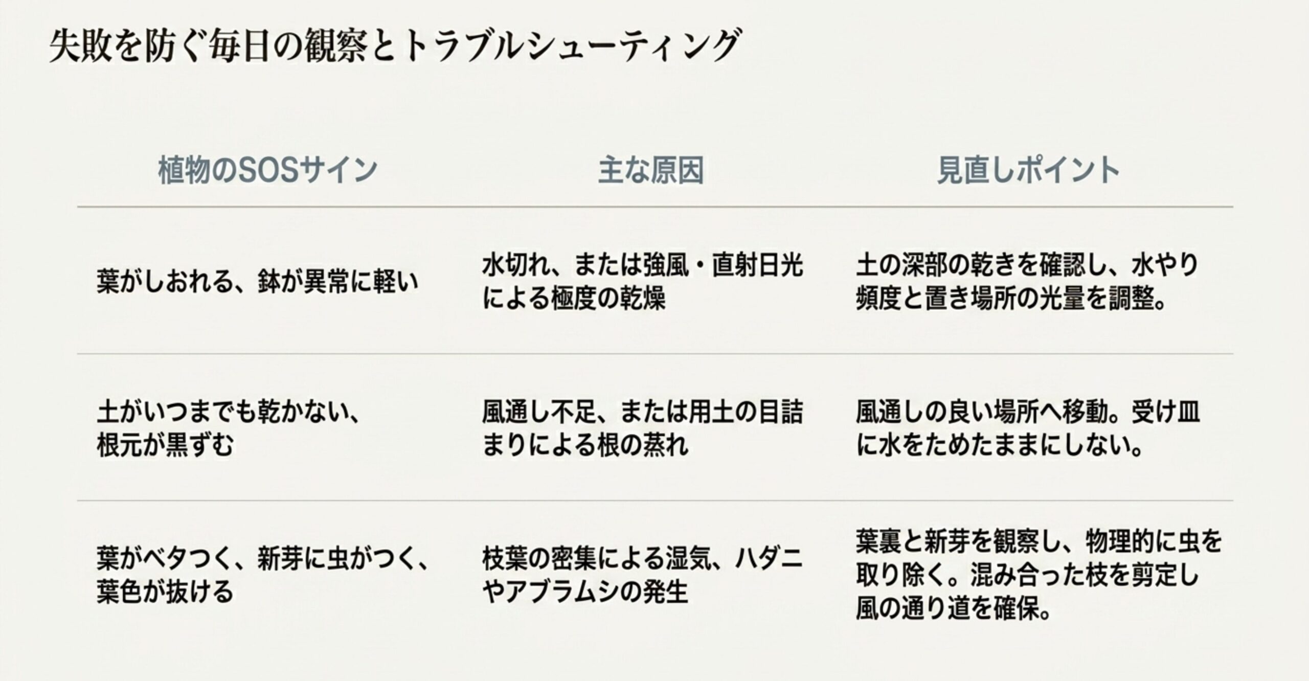 植物のSOSサイン、主な原因、見直しポイントをまとめた表 。水切れ、蒸れ、害虫発生時の具体的な対処法  を記載。