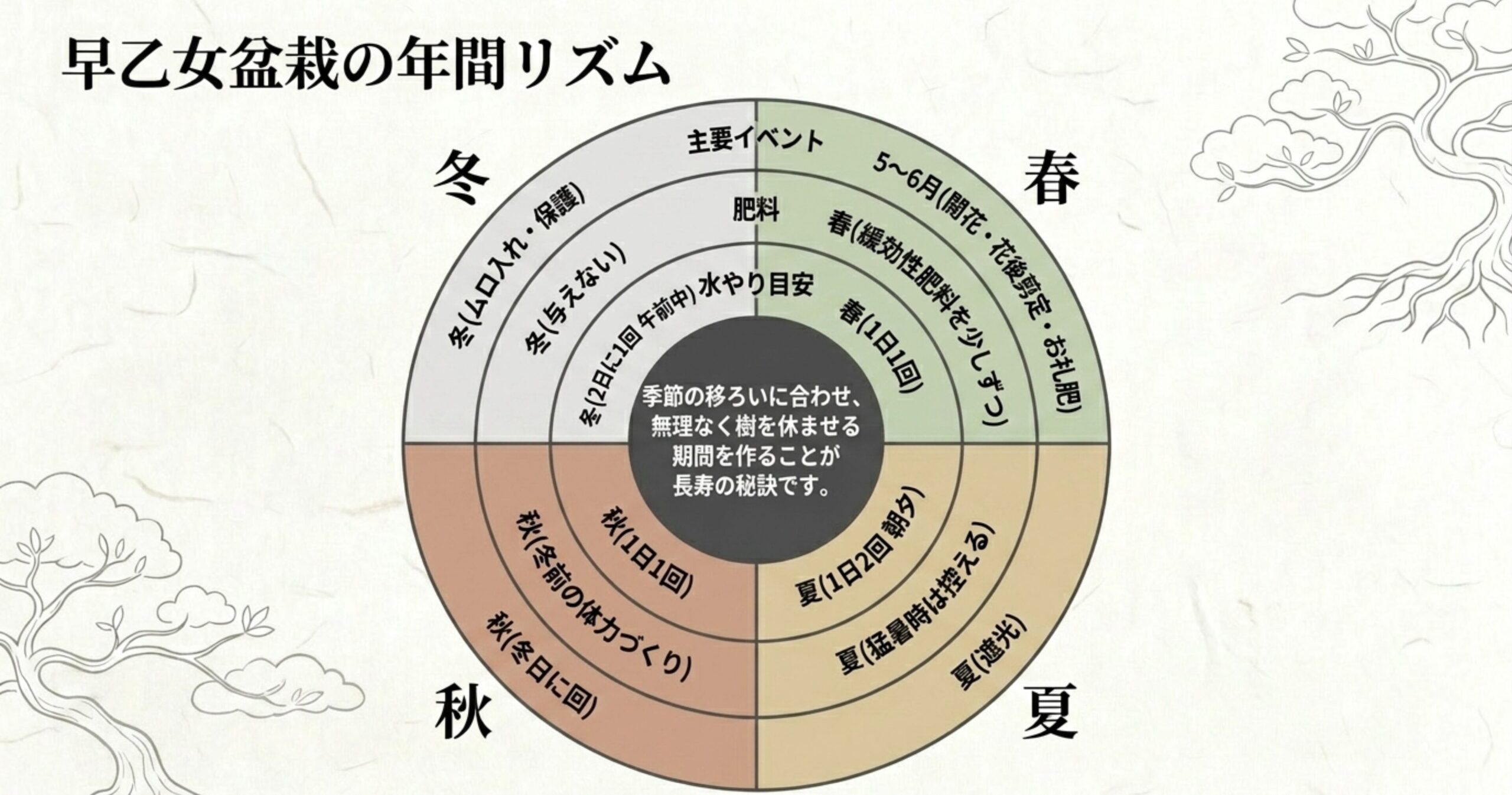 春の芽吹きから冬越しまで、早乙女盆栽の季節ごとの水やり頻度や置き場所、剪定作業などをまとめた年間スケジュール表