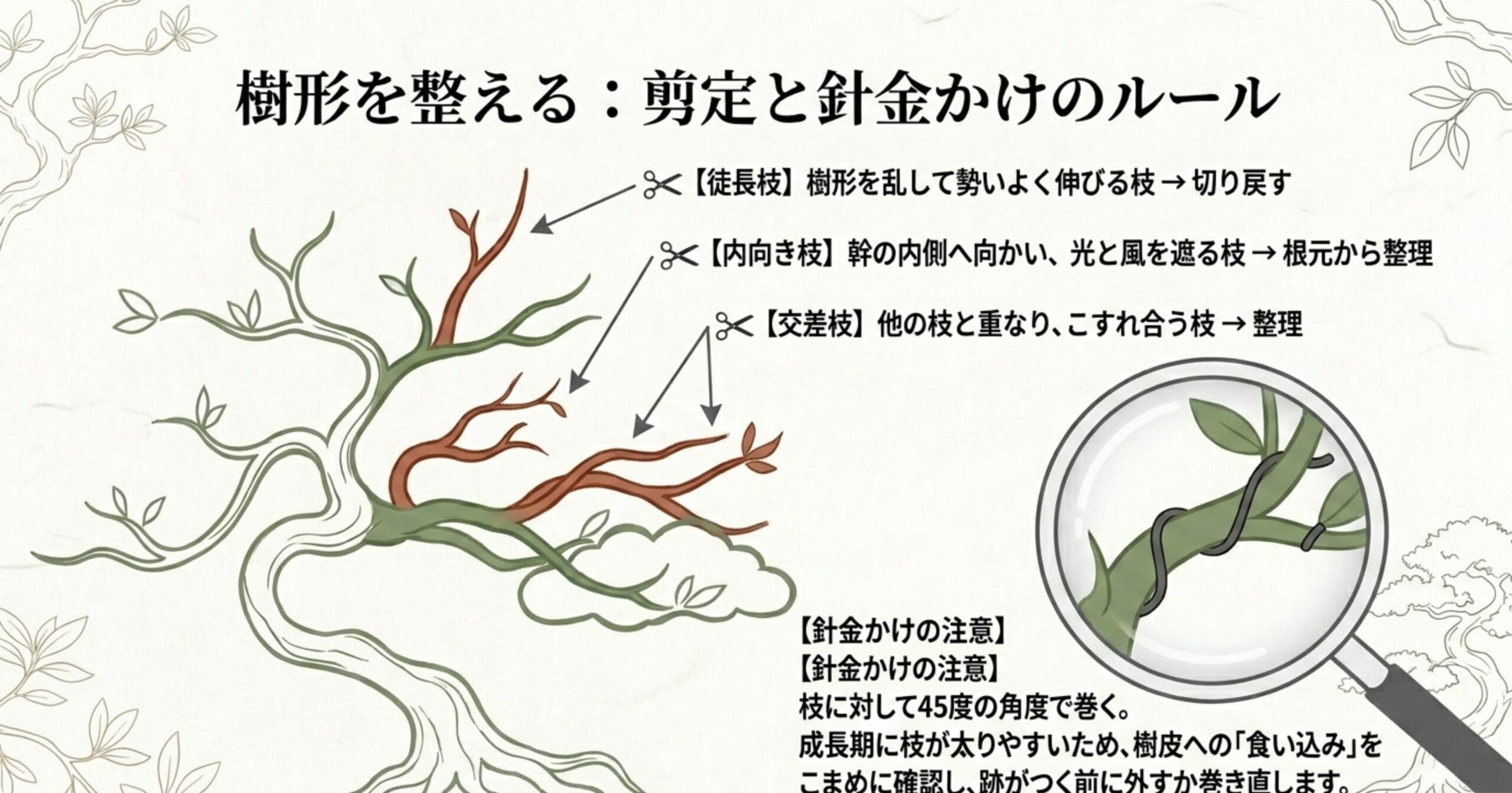 徒長枝や交差枝など剪定すべき不要枝の種類と、枝に対して45度で巻き、樹皮への食い込みを防ぐ針金かけのルール