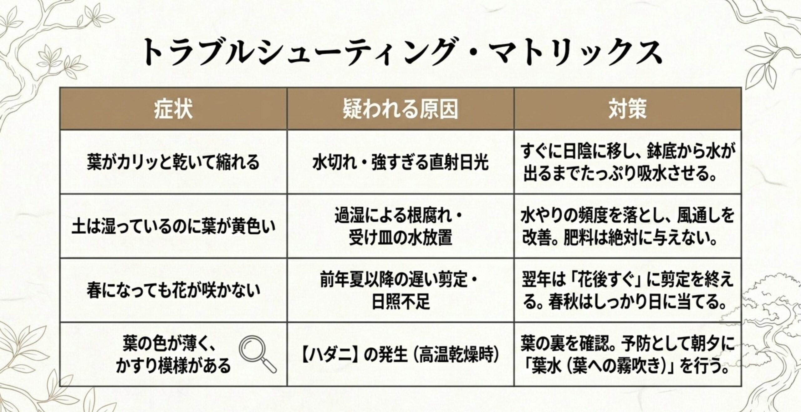 葉の乾燥、過湿による黄化、開花障害、ハダニ被害など、早乙女盆栽によくあるトラブルの症状と疑われる原因、対策マトリックス