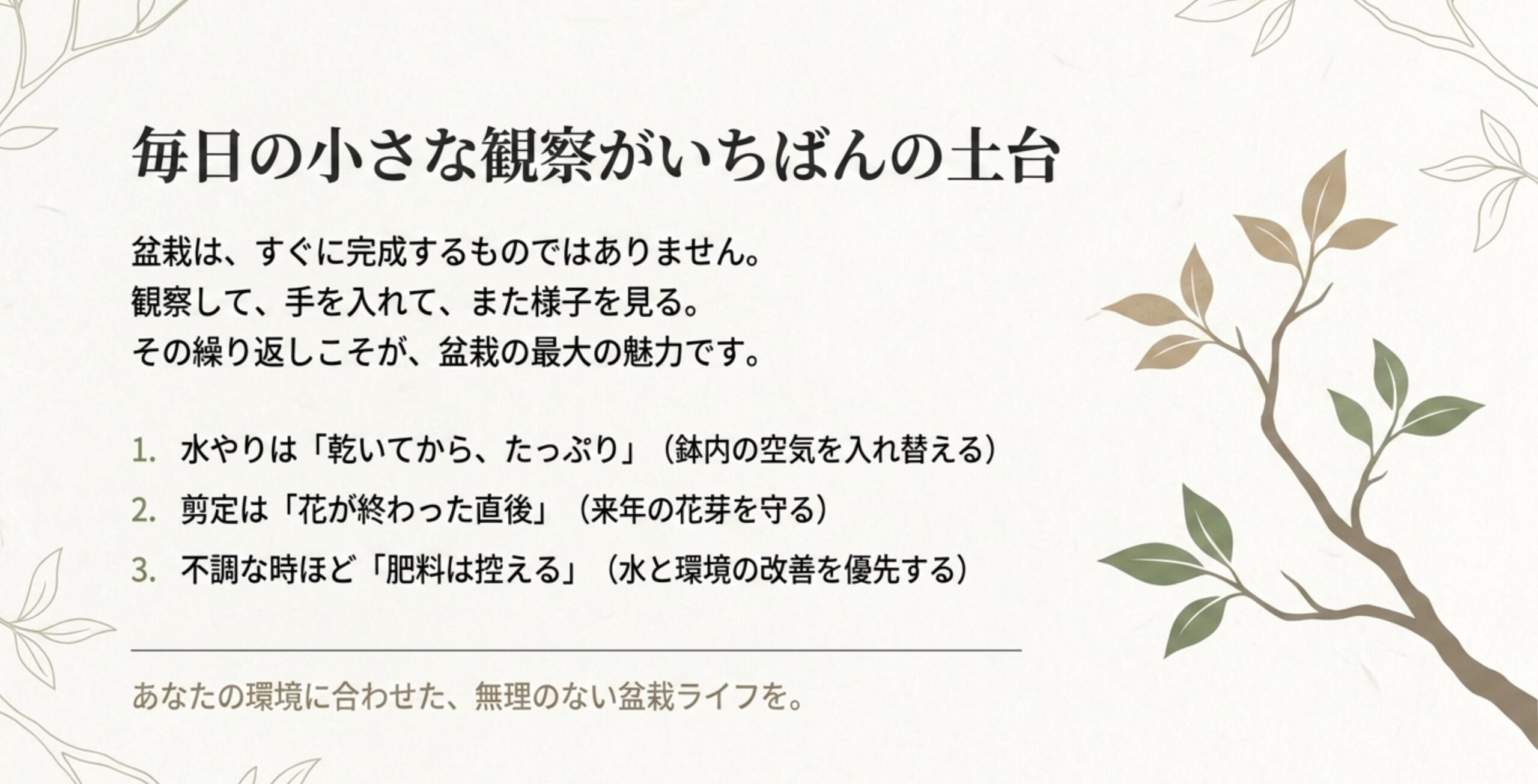 早乙女盆栽の育て方における日々の観察の重要性と、水やり・剪定・肥料管理の3つの基本原則をまとめたスライド