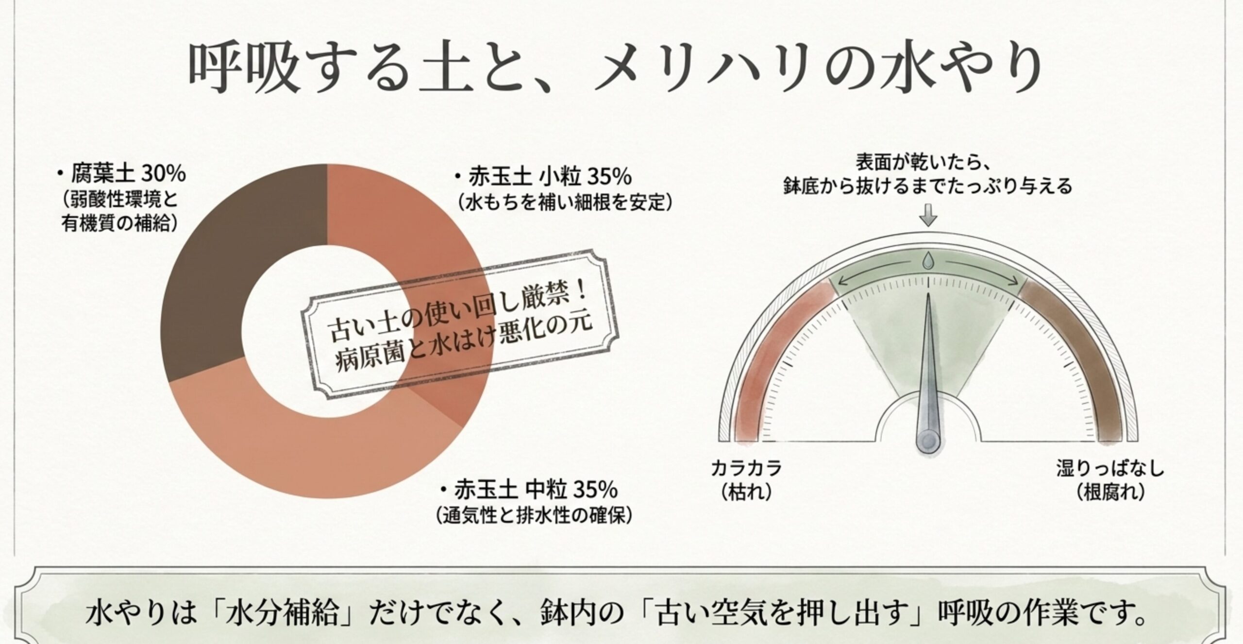 赤玉土小粒・中粒と腐葉土の配合割合や、表面が乾いてから鉢底から抜けるまでたっぷり水を与えるポイントをまとめた図
