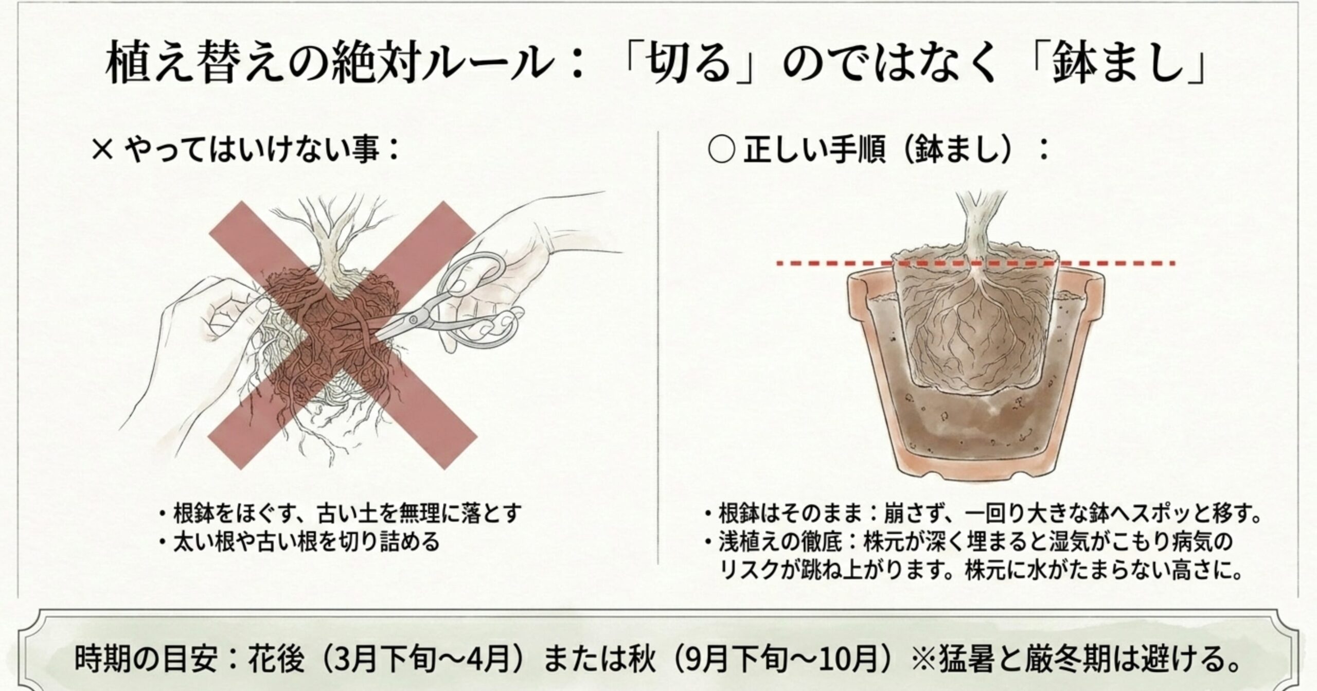 根を切らずに根鉢をそのまま一回り大きな鉢に浅植えする「鉢まし」の正しい手順とNG例のイラスト