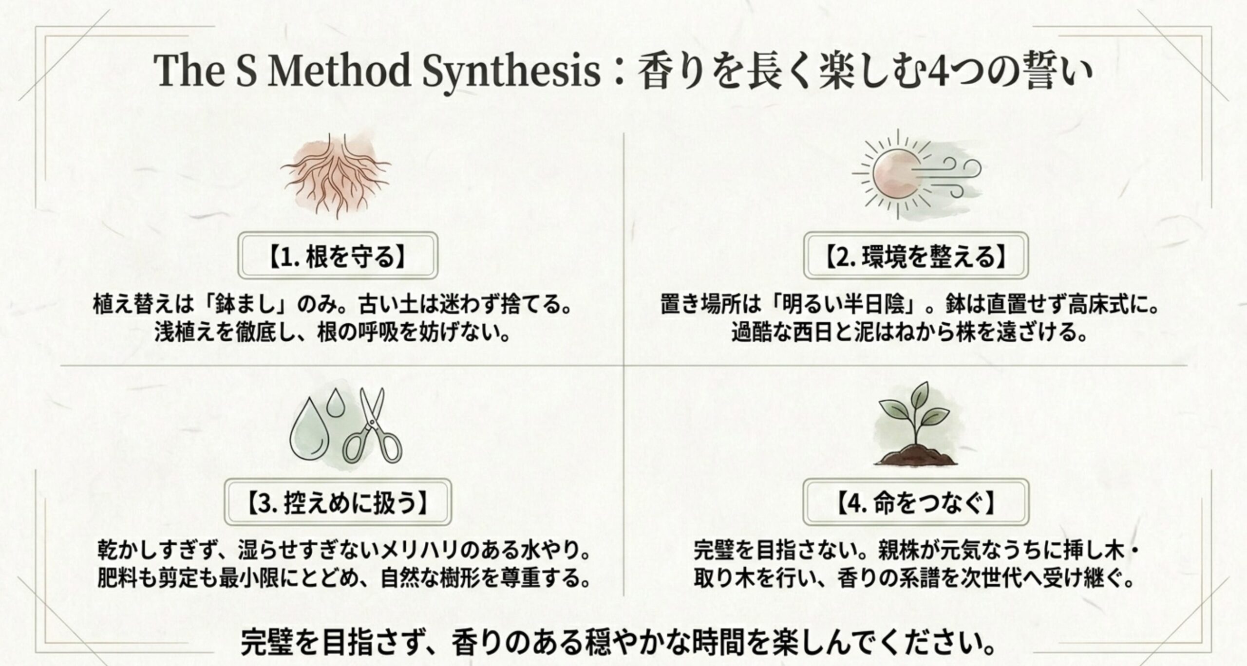 根を守る、環境を整える、控えめに扱う、命をつなぐという沈丁花盆栽の優しい管理メソッドのまとめ