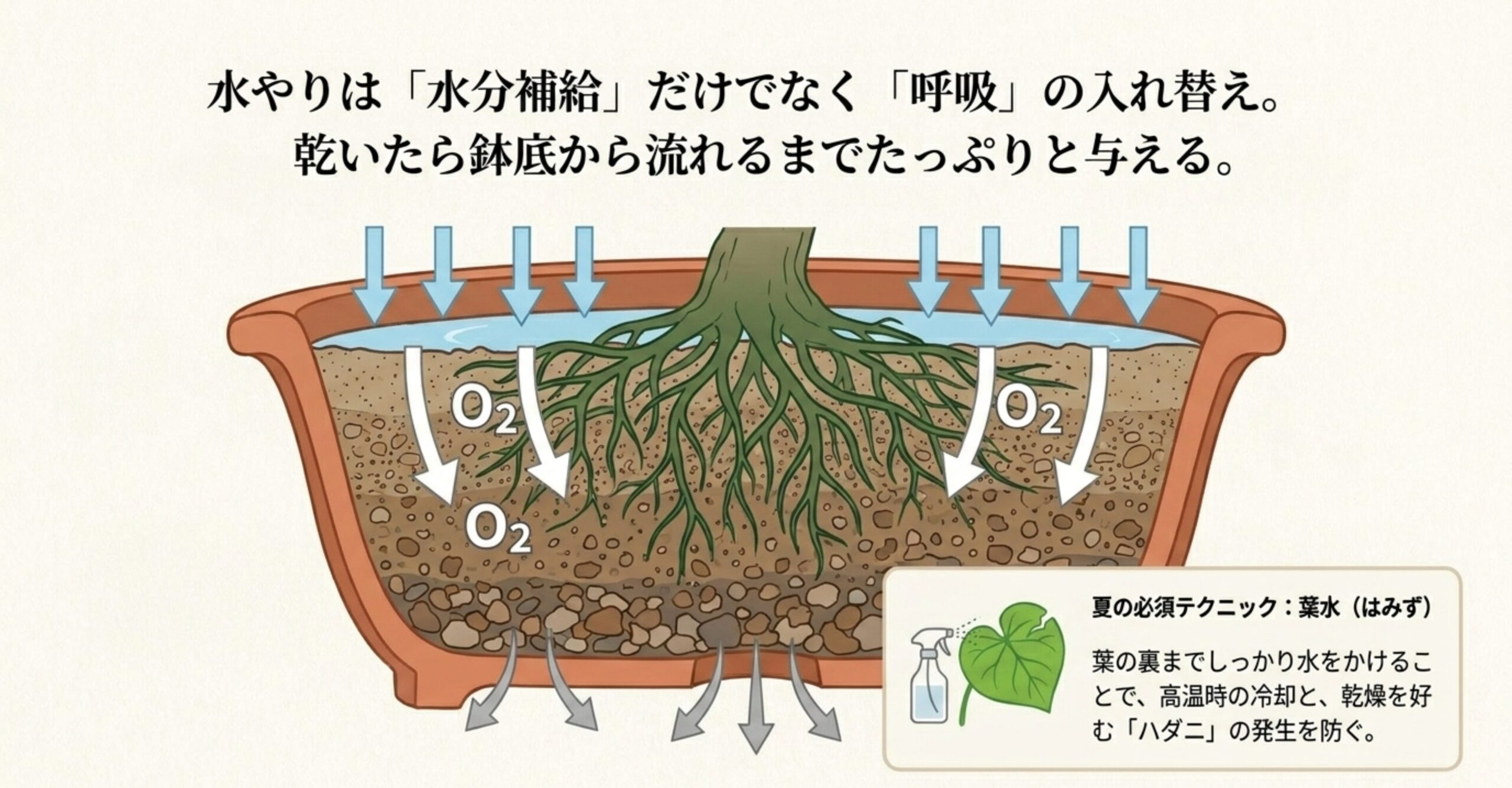 水やりによって古い空気が押し出され新しい酸素が鉢内に入るメカニズムと、夏の必須テクニックである葉水を図解したイラスト