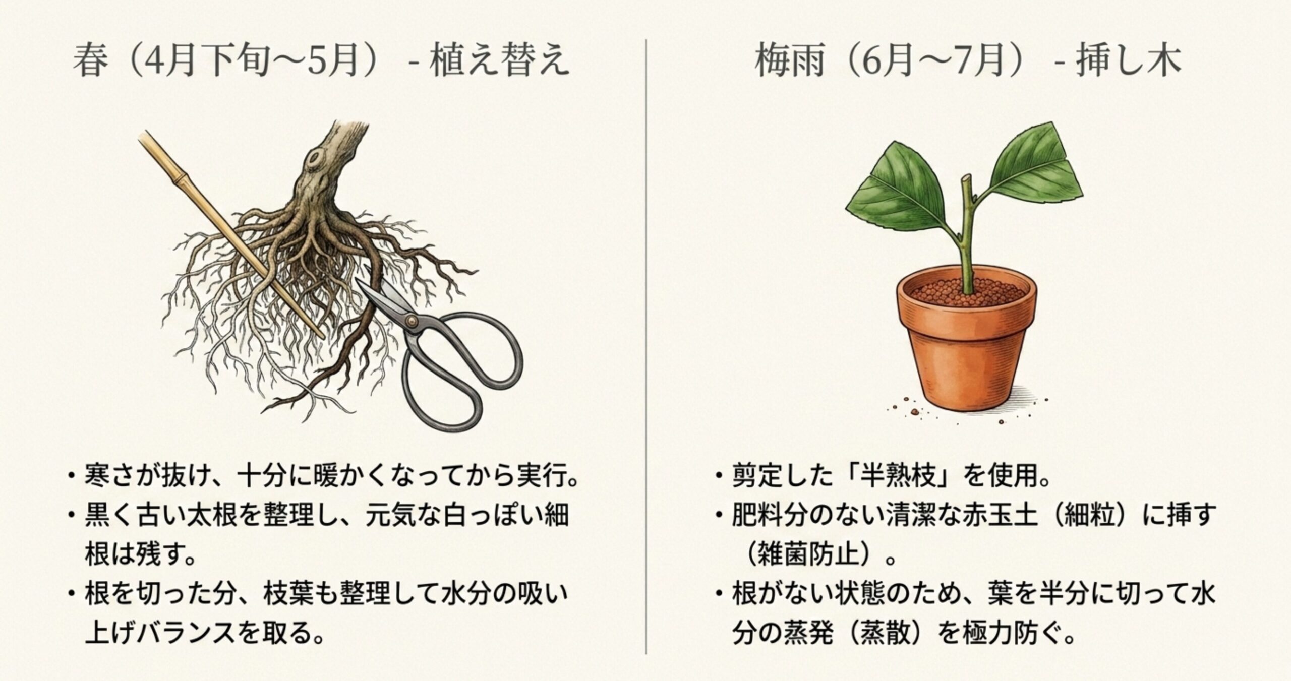 黒く古い太根を切り白っぽい細根を残す根の整理の様子と、葉を半分に切って赤玉土に挿した挿し木のイラスト