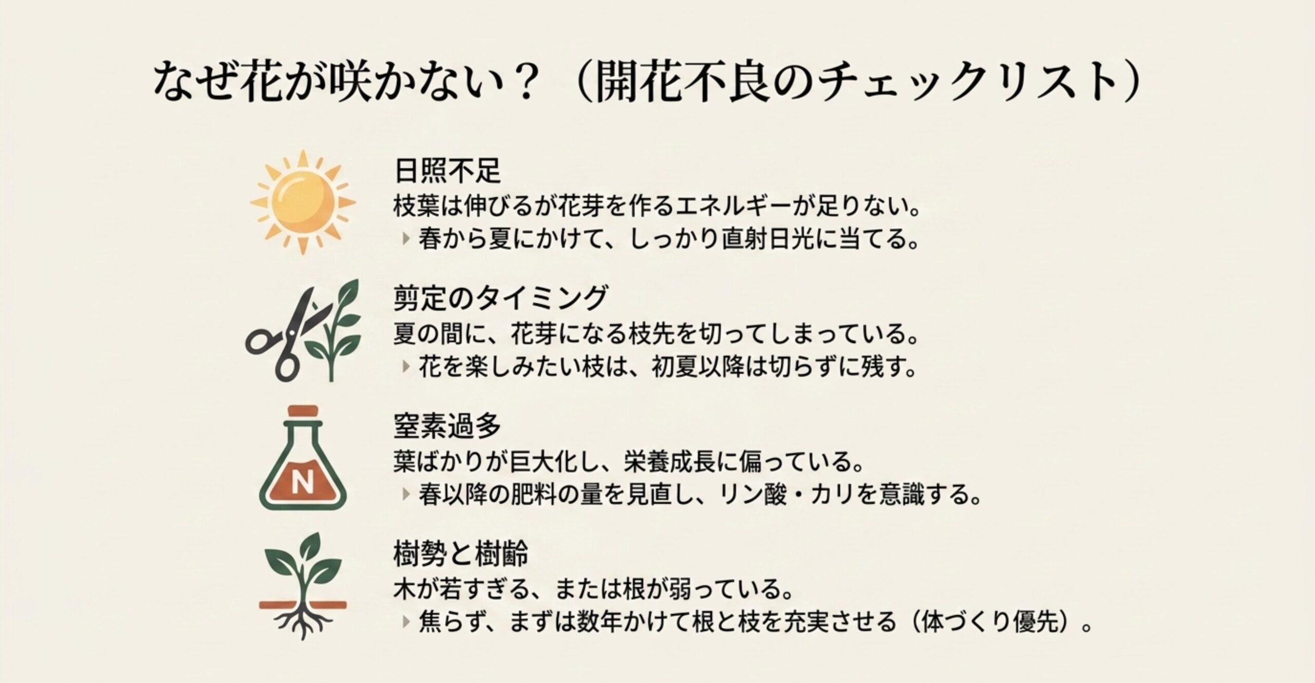 日照不足、剪定のタイミング、窒素過多、樹勢と樹齢など、オオハマボウの花が咲かない原因と対策をまとめたリスト画像