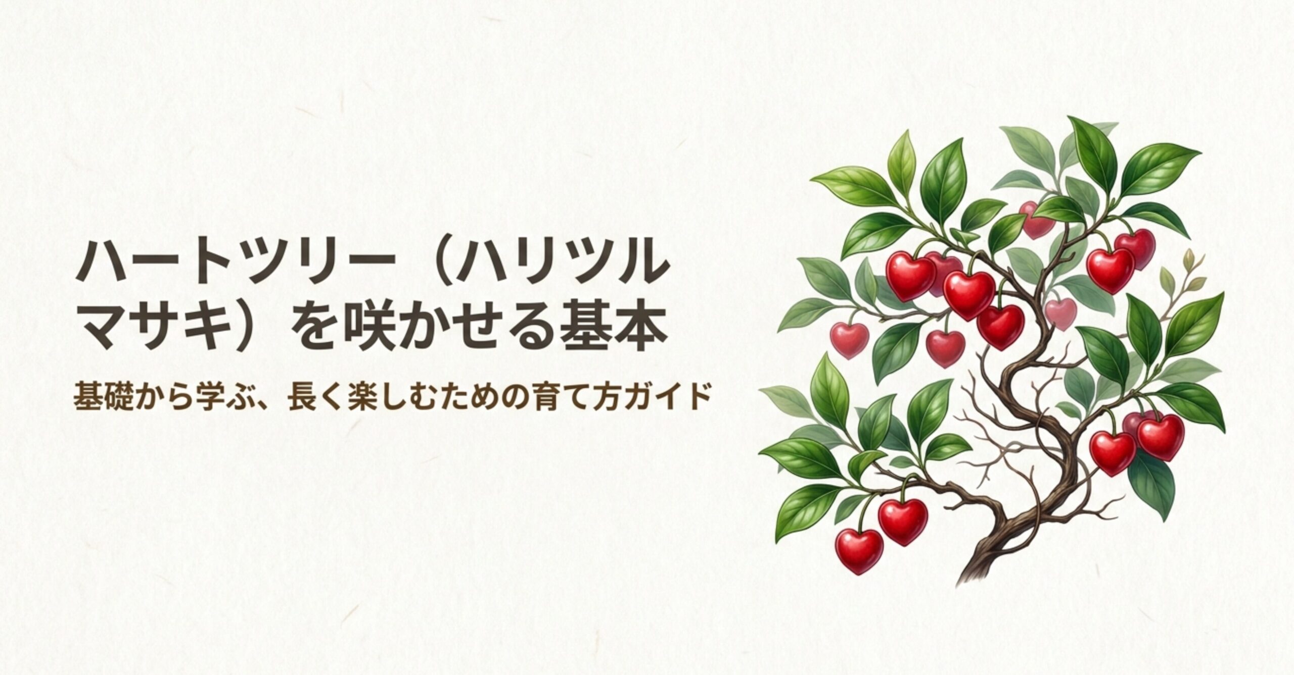 ハート型の赤い実がたくさんついたハリツルマサキのイラストと「基礎から学ぶ、長く楽しむための育て方ガイド」のタイトルテキスト