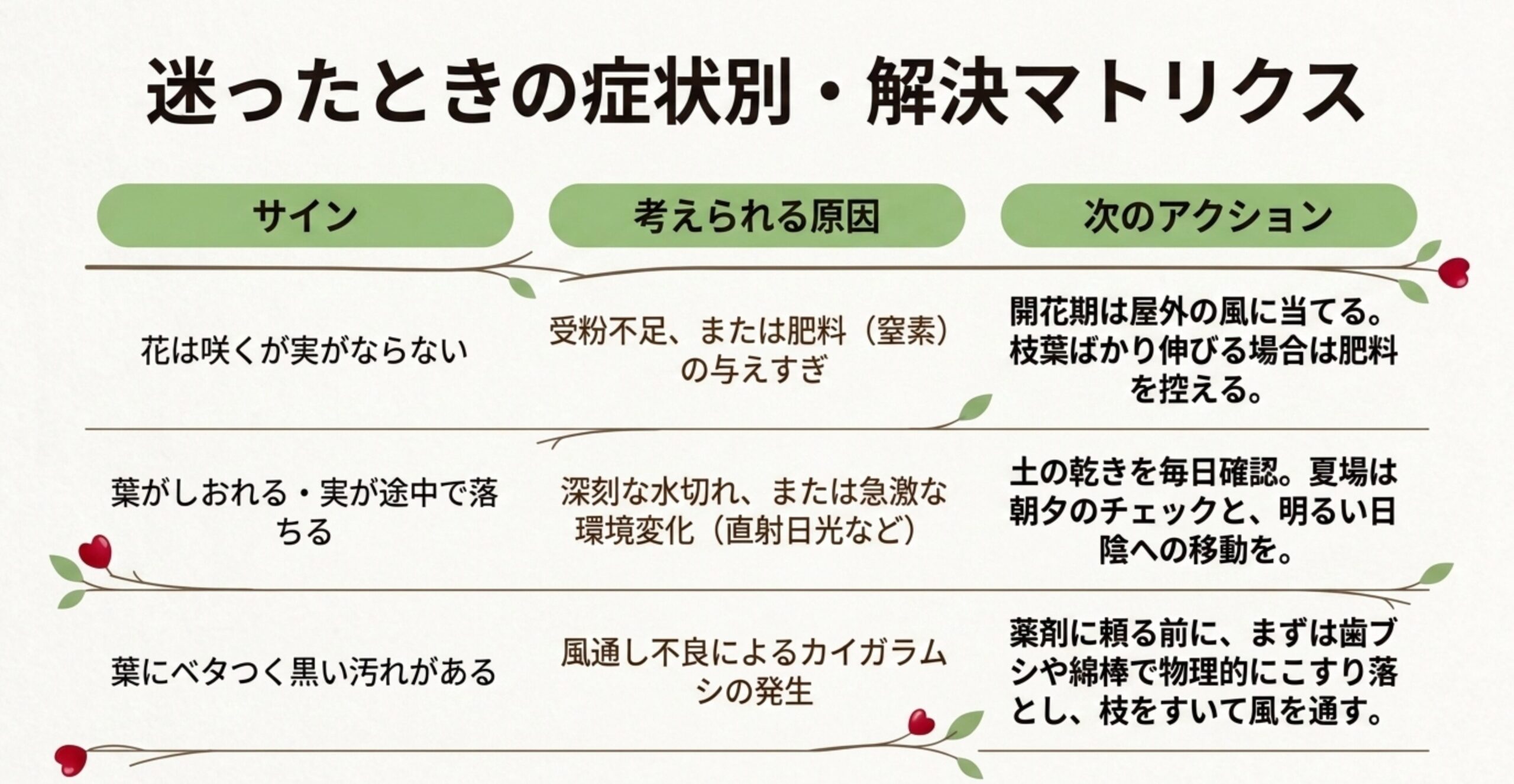 「花は咲くが実がならない」「葉がしおれる」「葉に黒い汚れがある」といった症状別の原因と、直ちに取るべきアクションをまとめたマトリクス表