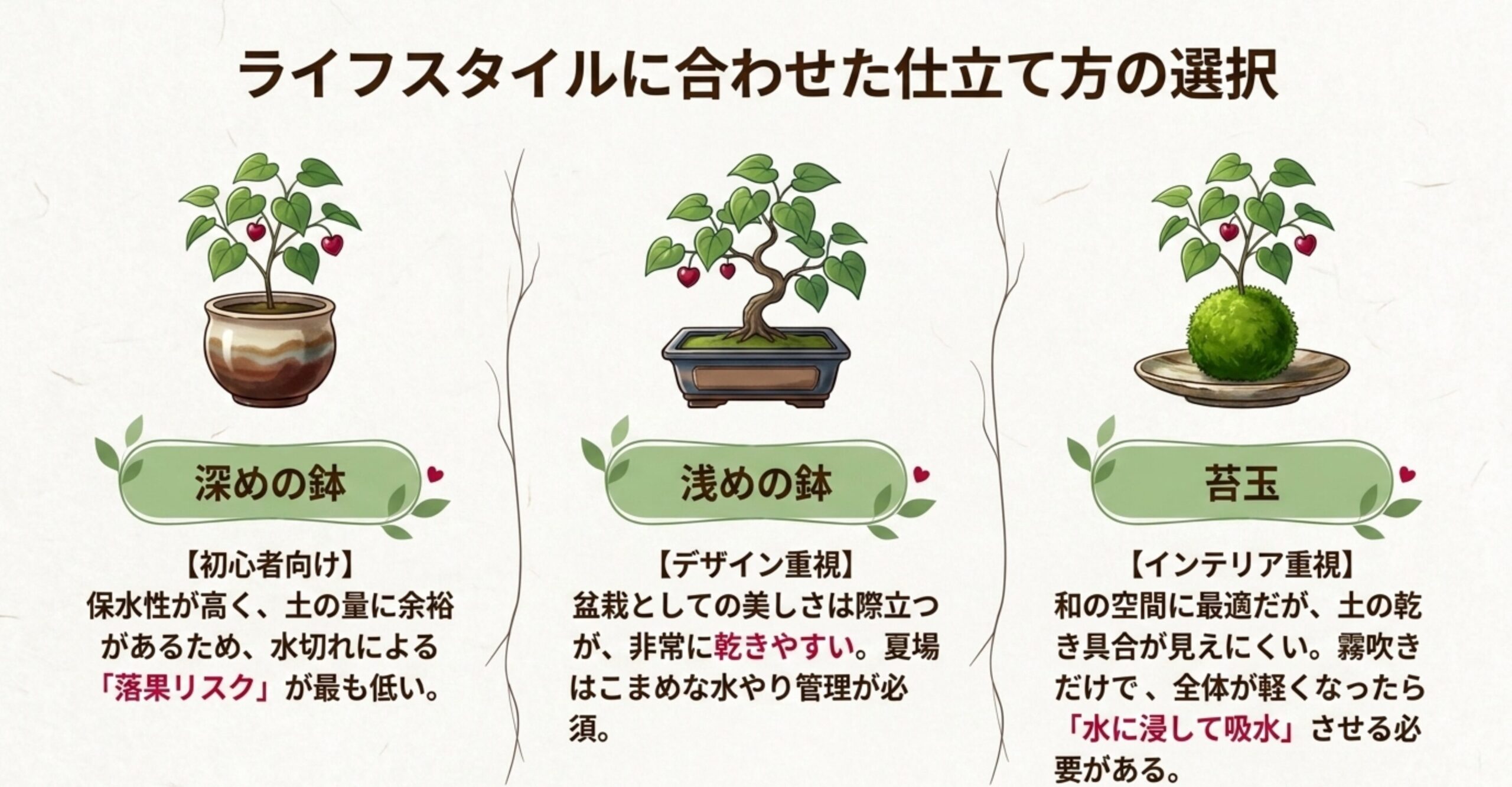 深めの鉢、浅めの鉢、苔玉の3種類のイラストと、それぞれの保水性やデザイン性などの特徴・注意点を比較解説した図
