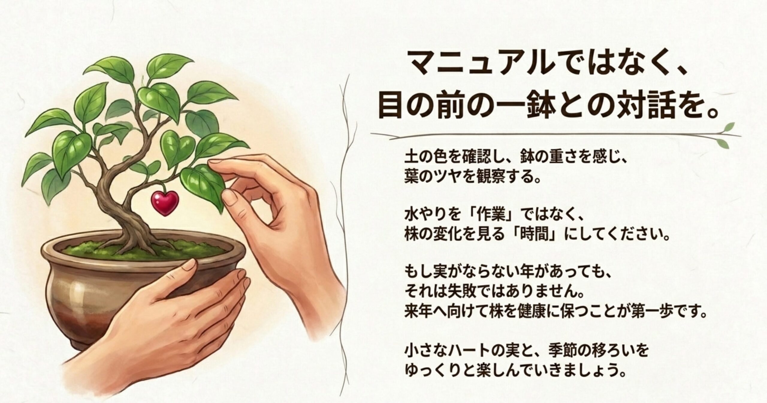 失敗を恐れず、目の前のハリツルマサキ盆栽の変化や季節の移ろいをゆっくりと楽しむことを伝えるメッセージ画像
