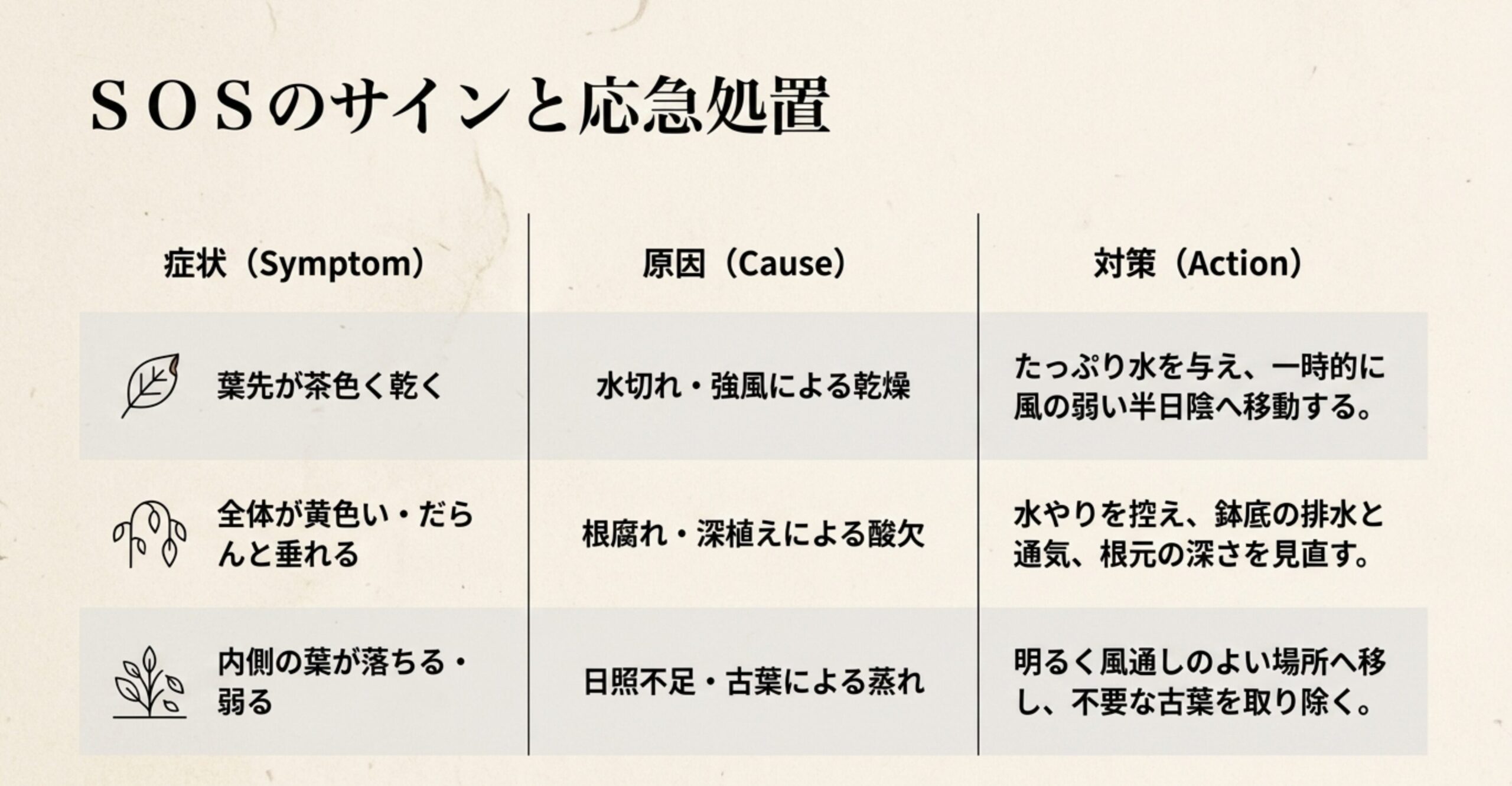 葉先が茶色く乾く水切れや、全体が黄色く垂れる根腐れなど、大王松が出すSOSの症状とその原因、対策をまとめた表