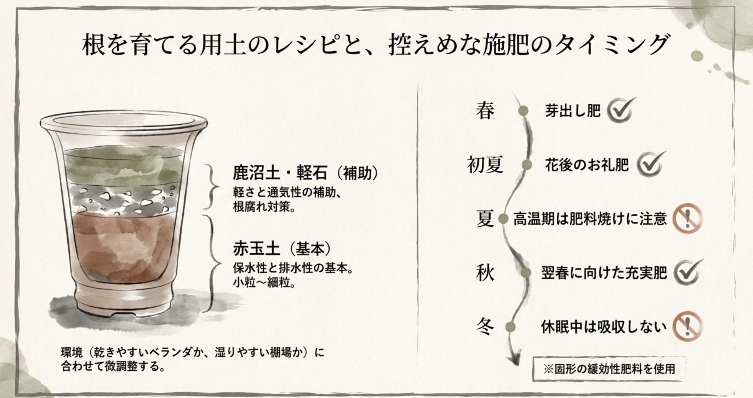 赤玉土と鹿沼土の基本用土レシピと、春・初夏・秋に与える肥料のタイミング