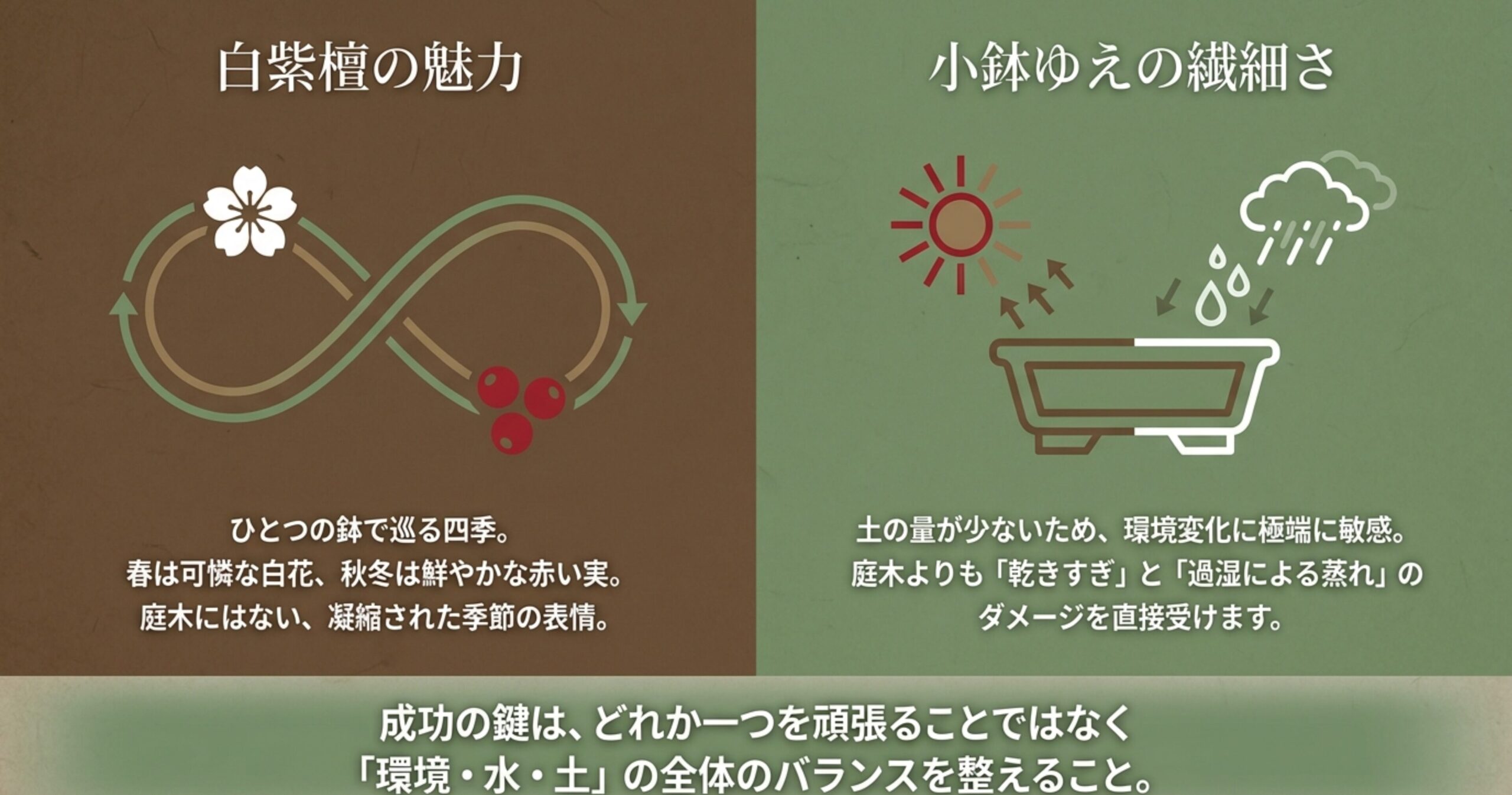 春の白花と秋冬の赤い実で四季を巡る白紫檀盆栽。小鉢ゆえに乾きすぎや蒸れに弱いため、環境・水・土のバランスを整えることが鍵となる。