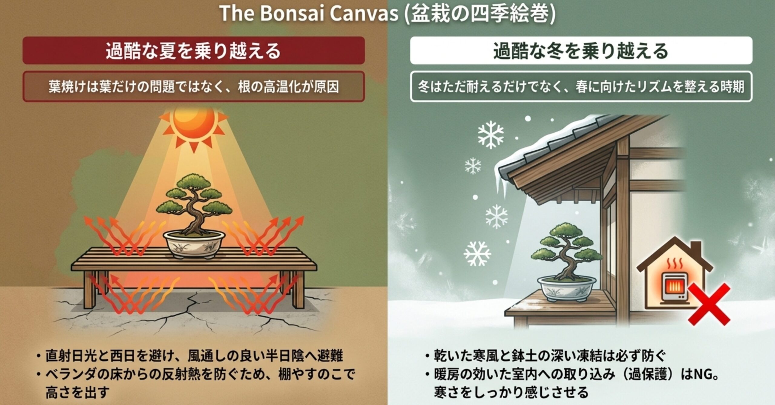照り返し熱を防ぐために棚に置かれた夏の盆栽と、雪の降る屋外の軒下で管理される冬の盆栽。室内での暖房管理はNGであることを示す図。