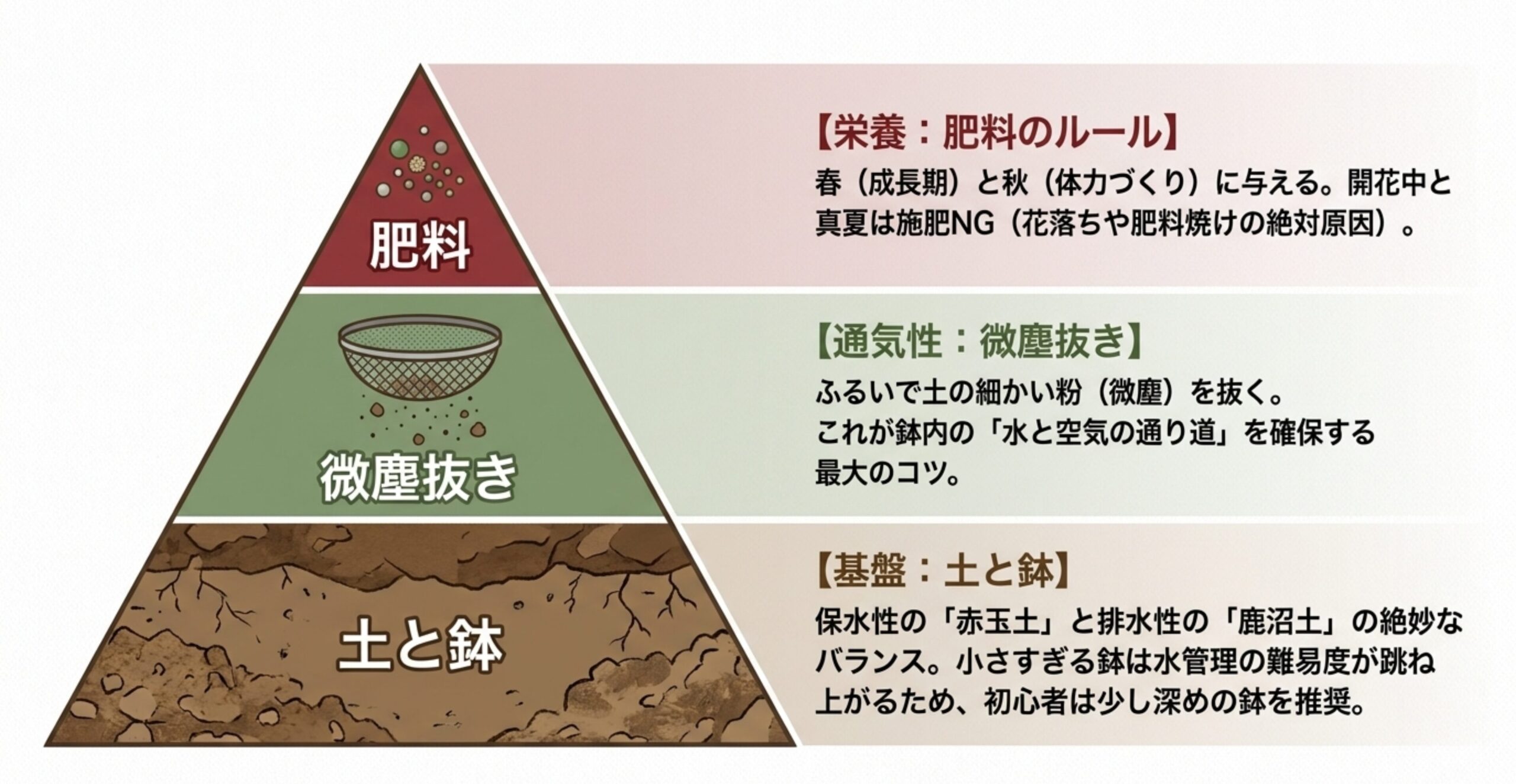 最下段が土と鉢の基盤、中段が通気性を確保する微塵抜き、最上段が肥料となるピラミッド図。肥料は開花中と真夏はNG。