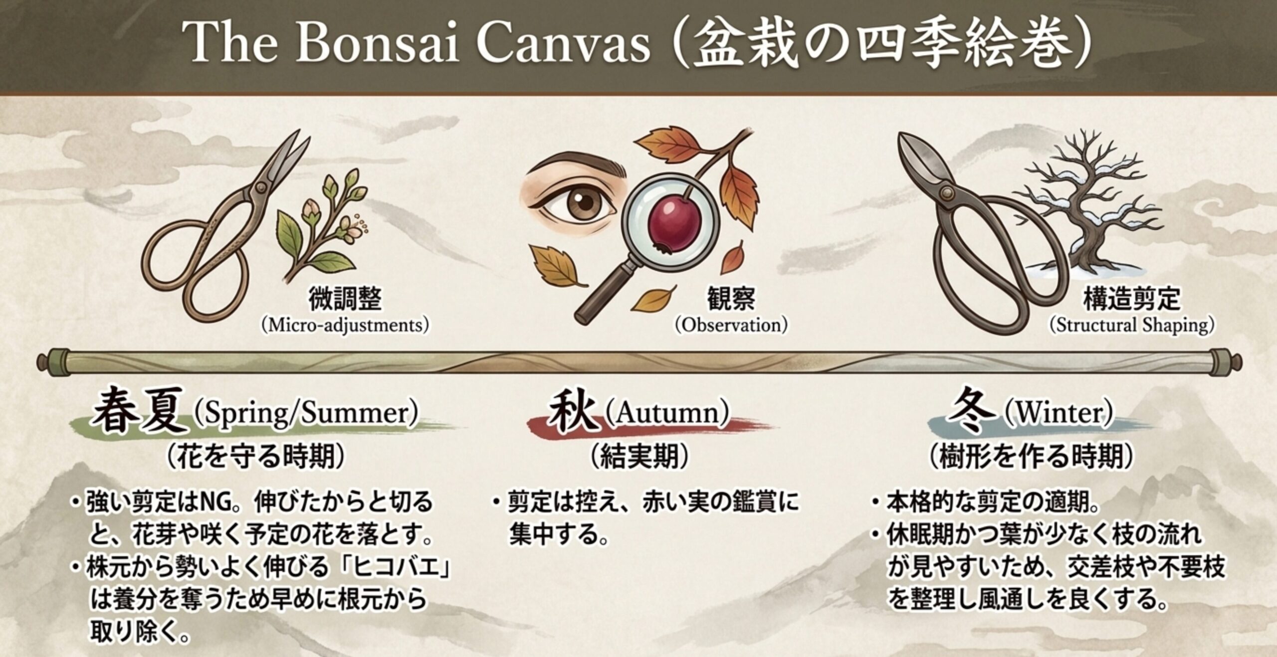 春夏は花を守る微調整とヒコバエ処理、秋は実の観察期、冬は葉が落ちて枝の流れが見やすい時期に行う構造剪定の解説。