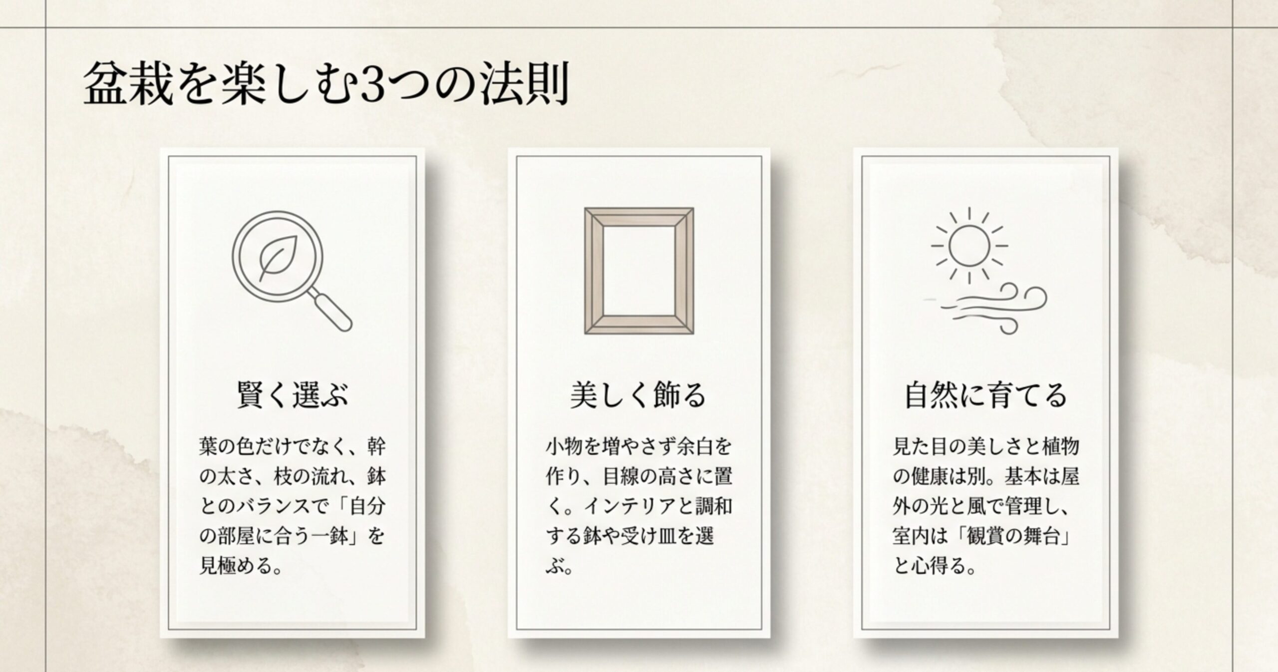 盆栽を楽しむための3つの法則(賢く選ぶ、美しく飾る、自然に育てる)
