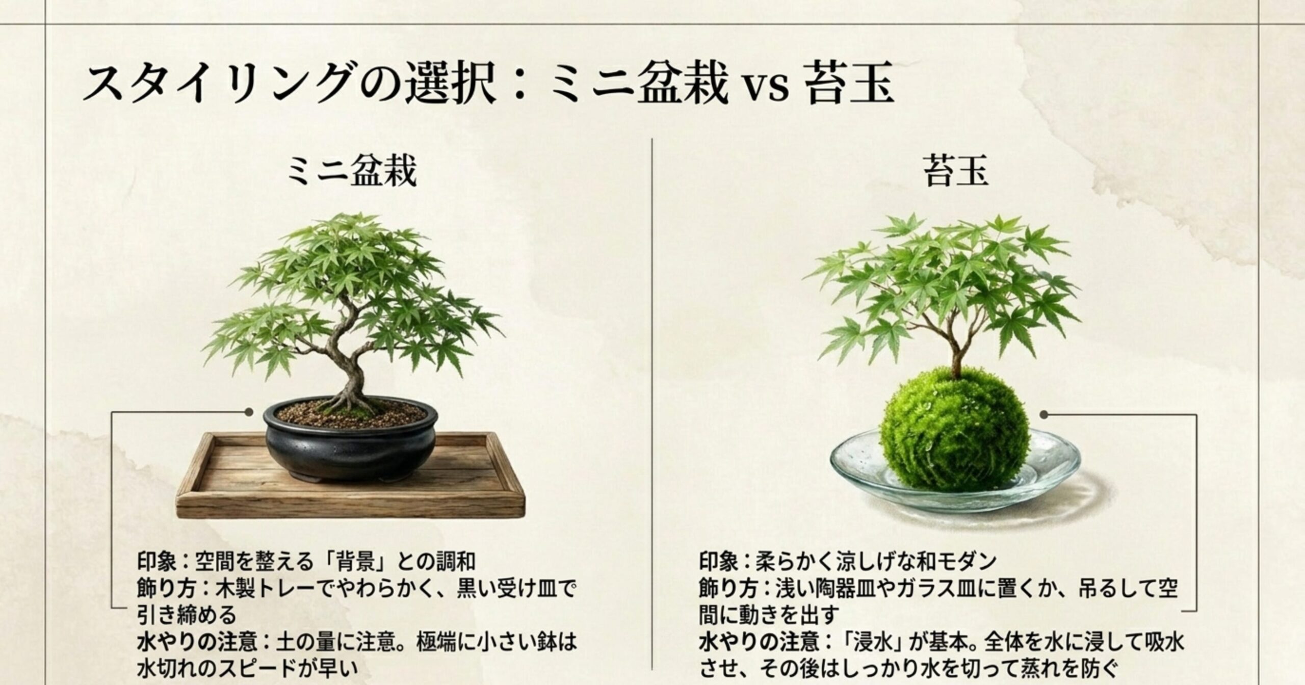 ミニ盆栽と苔玉の空間への印象、飾り方、水やりの注意点の比較表