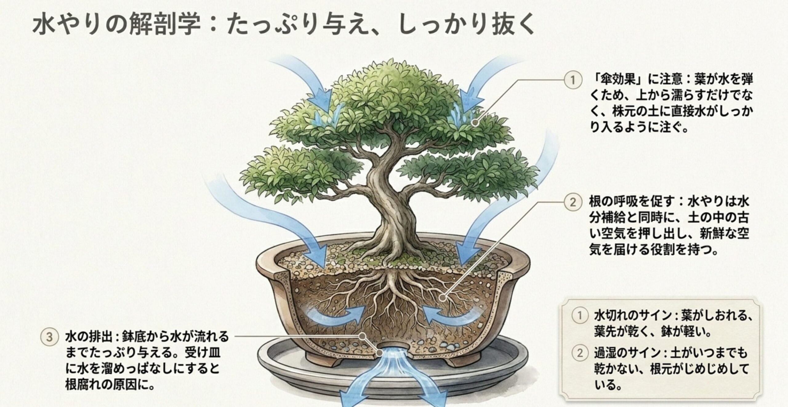 鉢底から水が流れるまでたっぷり与え、古い空気を押し出し根の呼吸を促す水やりのメカニズム図解