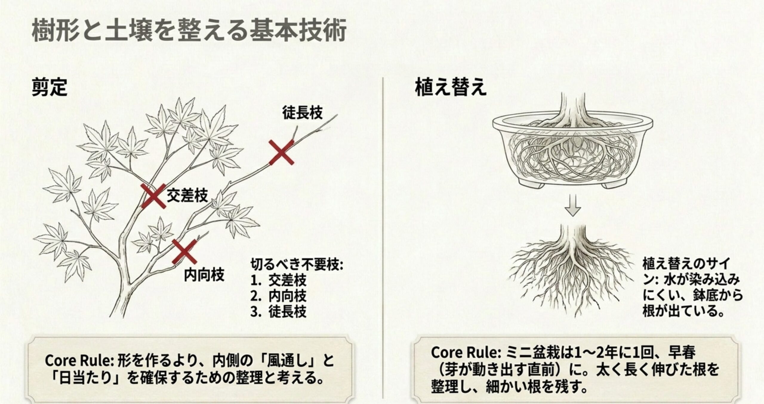 切るべき不要枝(交差枝、内向枝、徒長枝)の剪定図解と、植え替えのサイン・ポイント