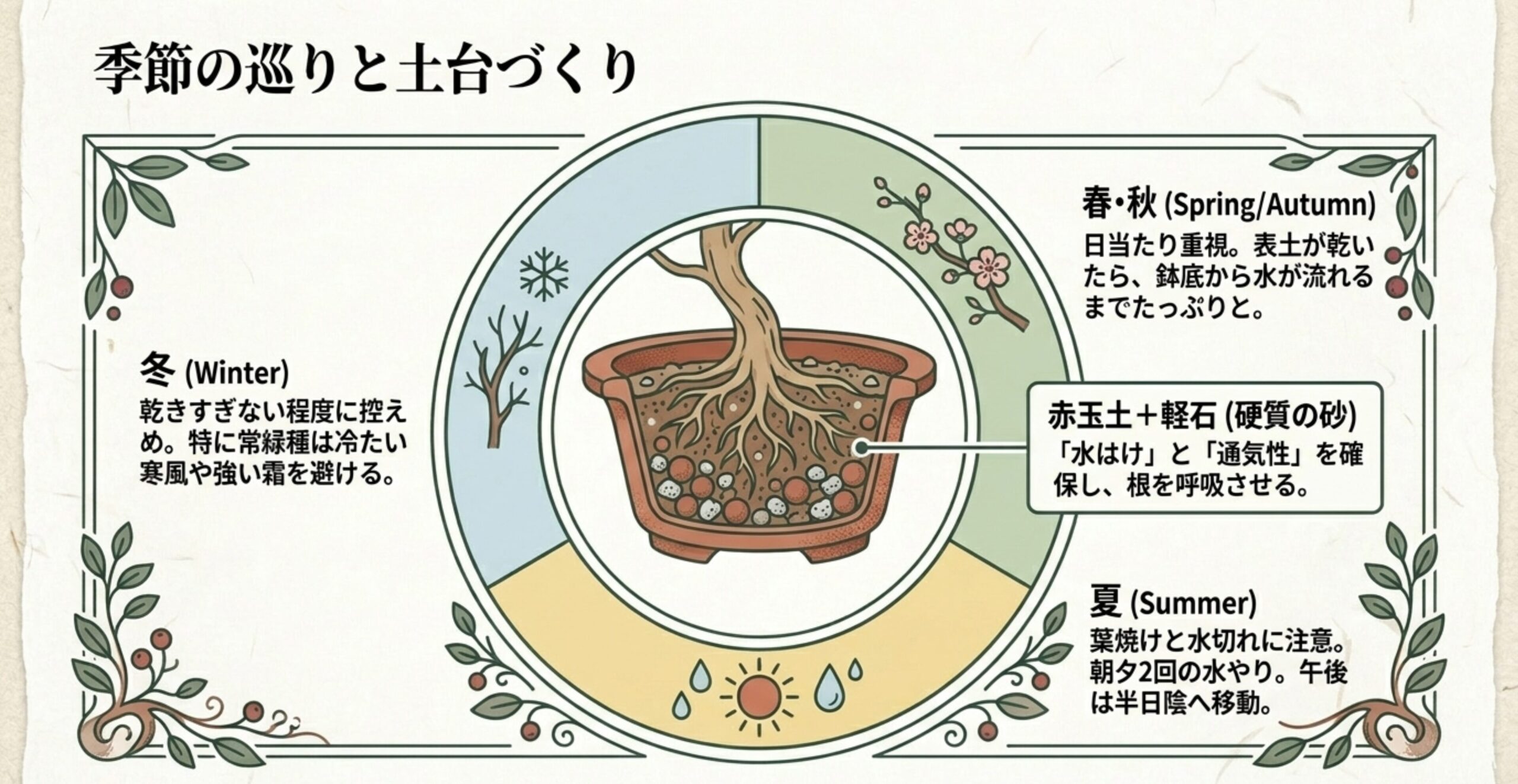 春夏秋冬の季節ごとの水やりや置き場所の注意点と、赤玉土と軽石を使った水はけの良い用土の基本をまとめたスライド。