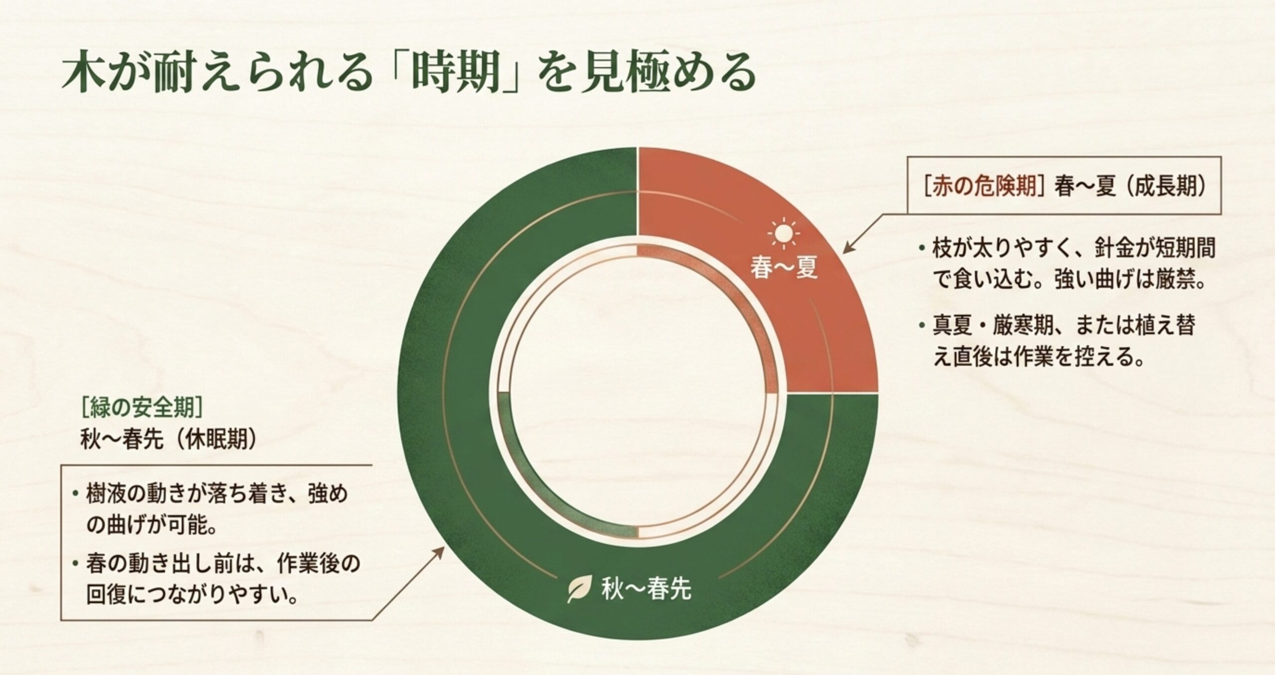 秋から春先を緑の安全期、春から夏を赤の危険期として示した円グラフ。安全期は樹液の動きが落ち着き強めの曲げが可能、危険期は枝が太りやすく針金が食い込むため強い曲げは厳禁という解説