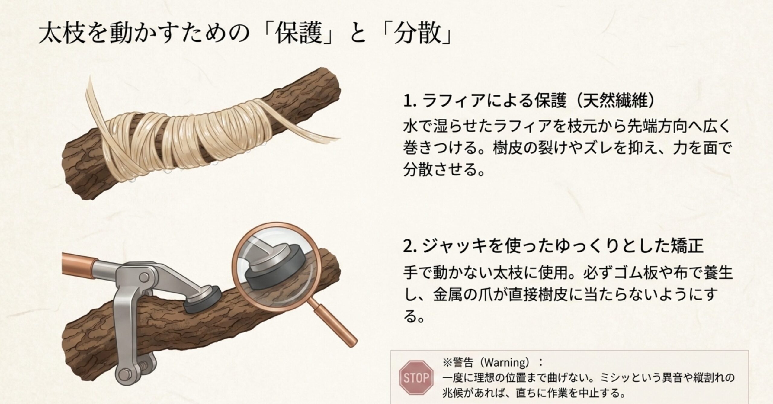 水で湿らせたラフィアを枝に巻きつけたイラストと、ジャッキに保護用のゴム板を挟んで矯正するイラスト。一度に理想の位置まで曲げず異音があれば直ちに中止するという警告文