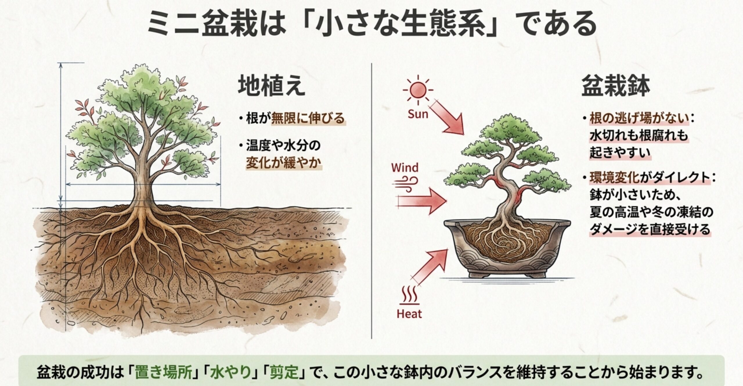 根が無限に伸びる地植えと、根の逃げ場がなく環境変化のダメージを直接受ける盆栽鉢の比較図