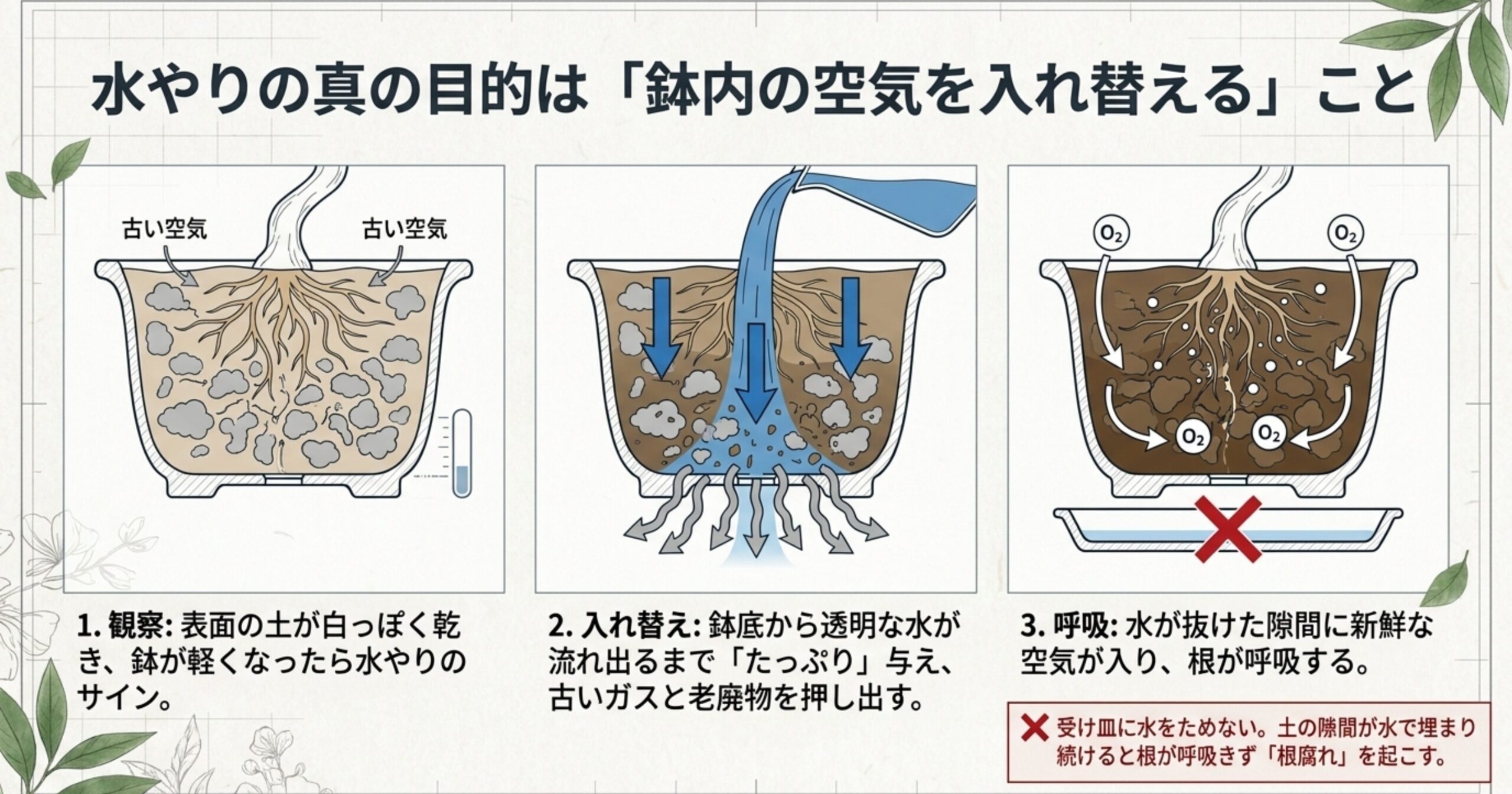 たっぷりの水やりで鉢内の古い空気を押し出し、新鮮な空気が入り込んで根が呼吸する仕組みの図解