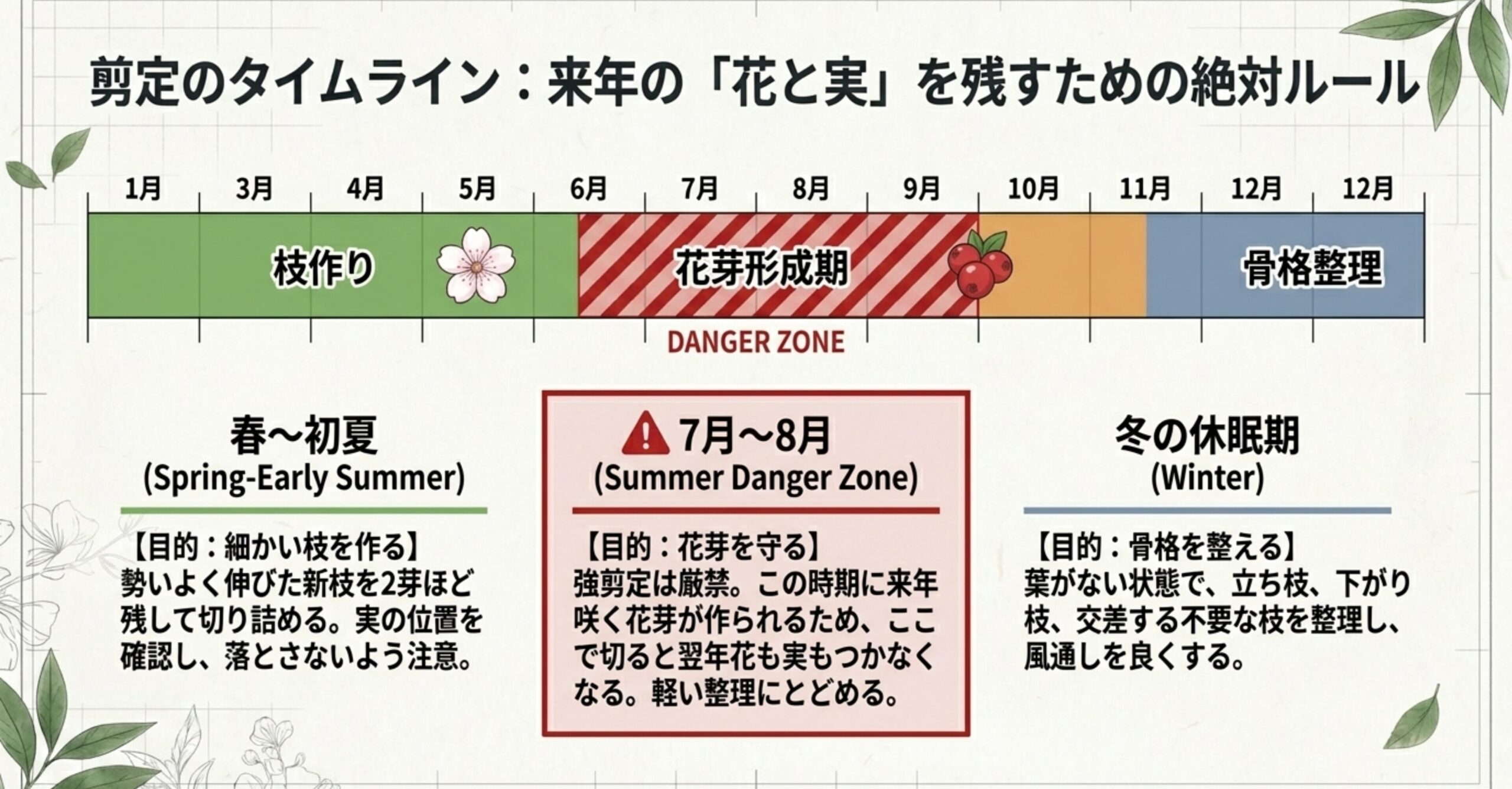 春から初夏の枝作り、7月から8月の強剪定禁止期間、冬の骨格整理をまとめた剪定スケジュールカレンダー