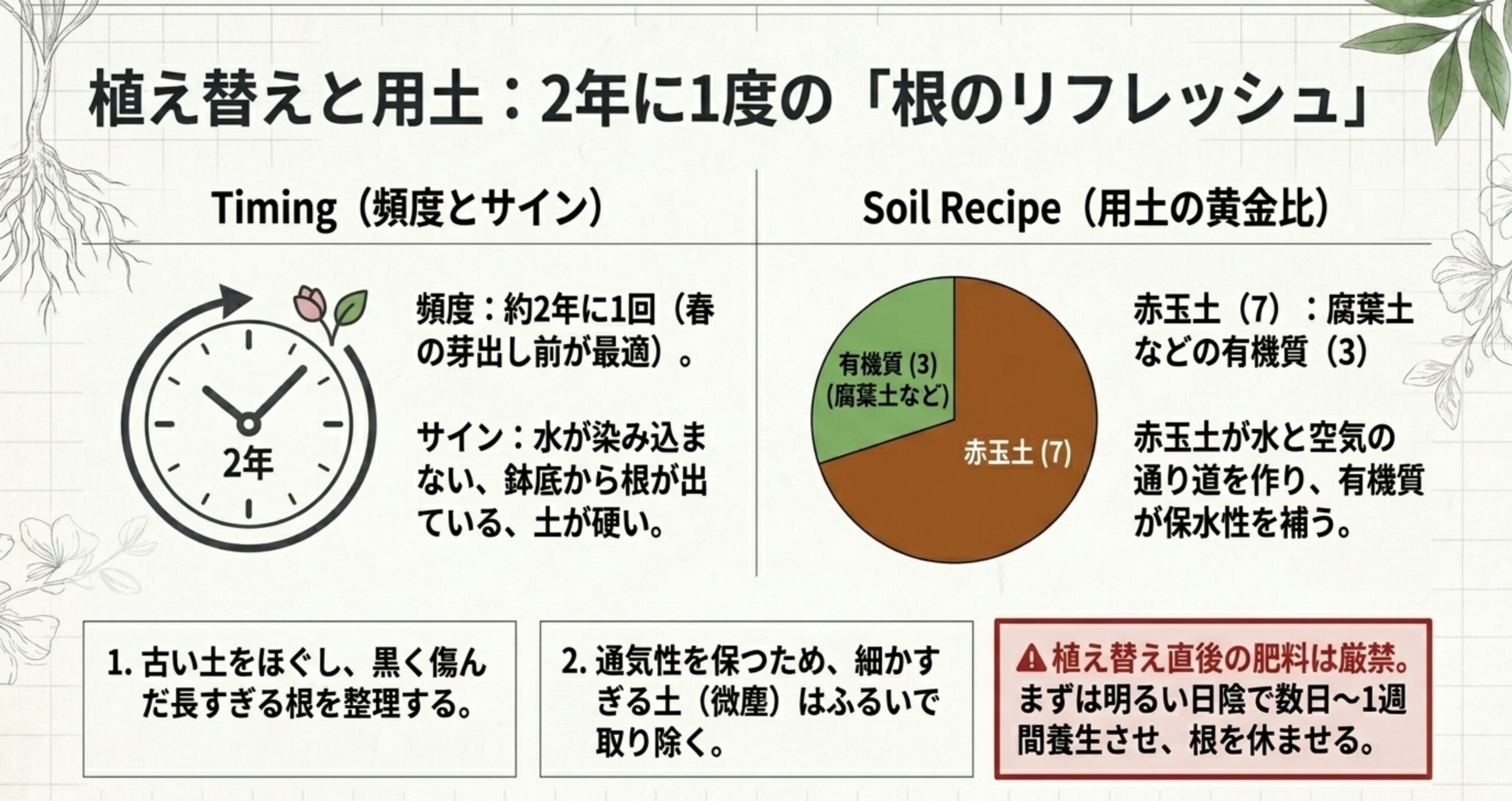 約2年に1回の植え替え頻度と、赤玉土7対腐葉土3の用土配合比率を示すグラフ