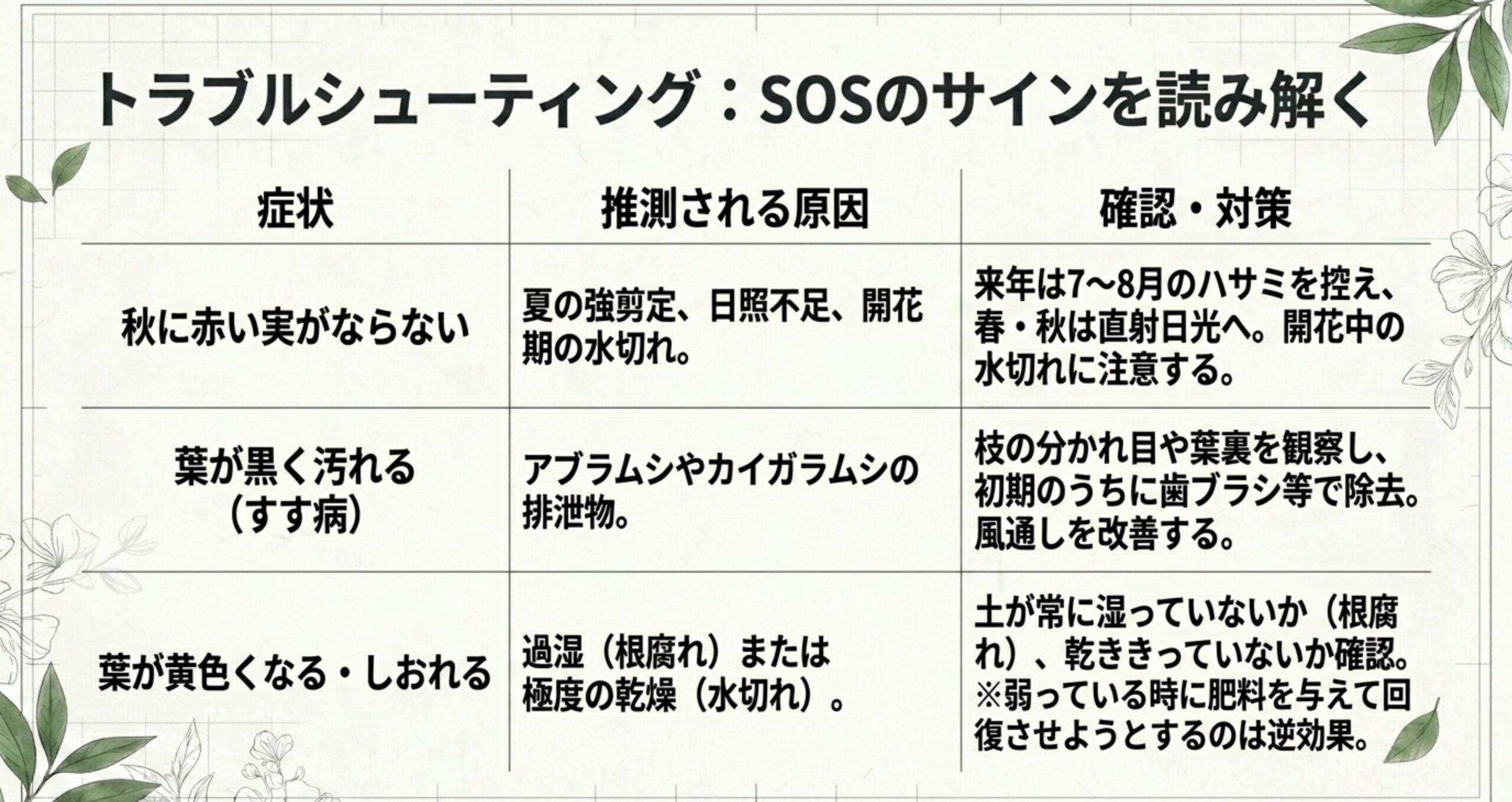 秋に実がならない、葉が黒く汚れる、葉が黄色くなるといったSOSのサインと、それぞれの対策まとめ
