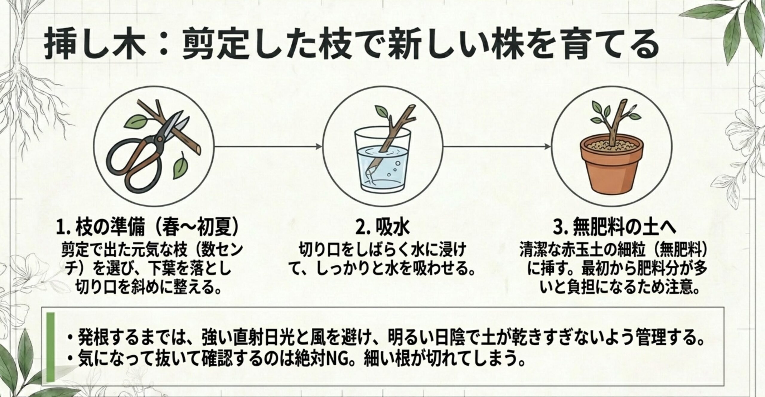 枝の準備、水への浸け込み、無肥料の赤玉土への挿し木という3ステップを図解した手順