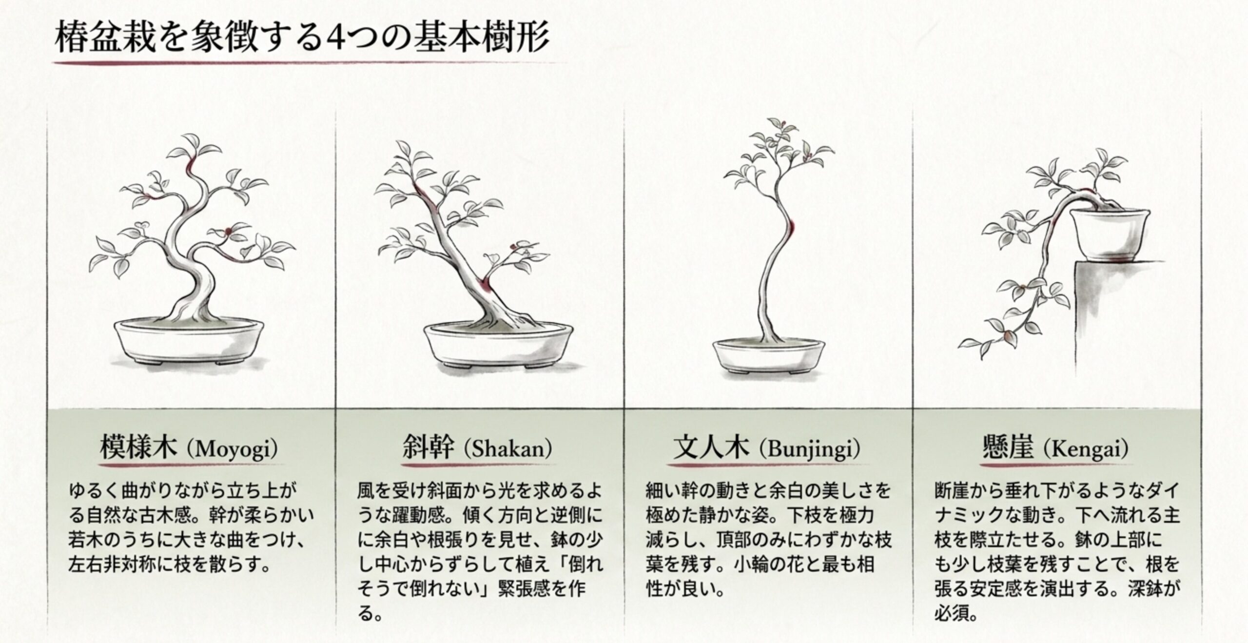 模様木、斜幹、文人木、懸崖という椿盆栽の代表的な4つの樹形をイラストで解説した画像