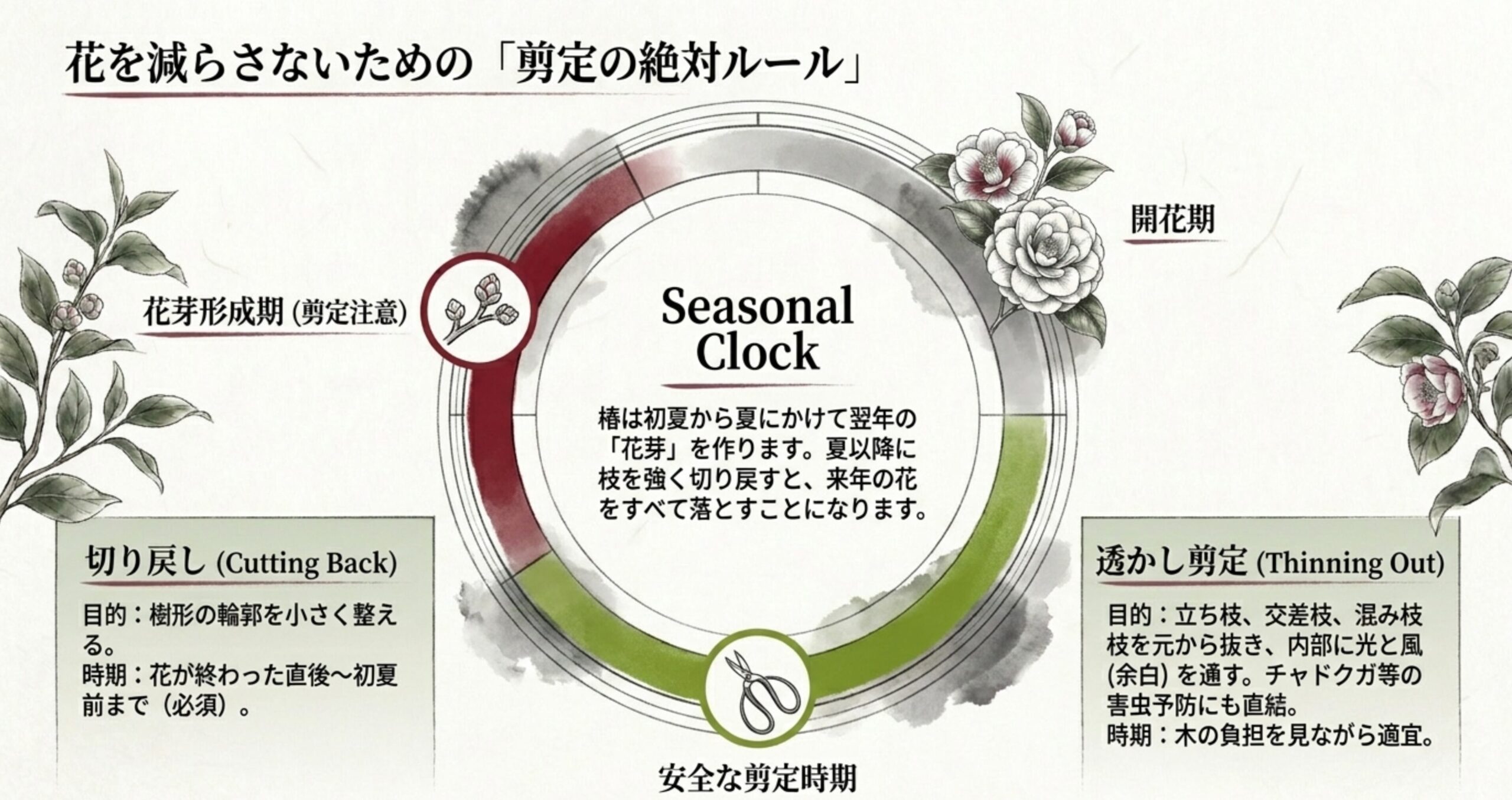 花芽形成期を避け、開花直後から初夏までに切り戻しを行うという、椿盆栽の樹形を保つ剪定ルール図解