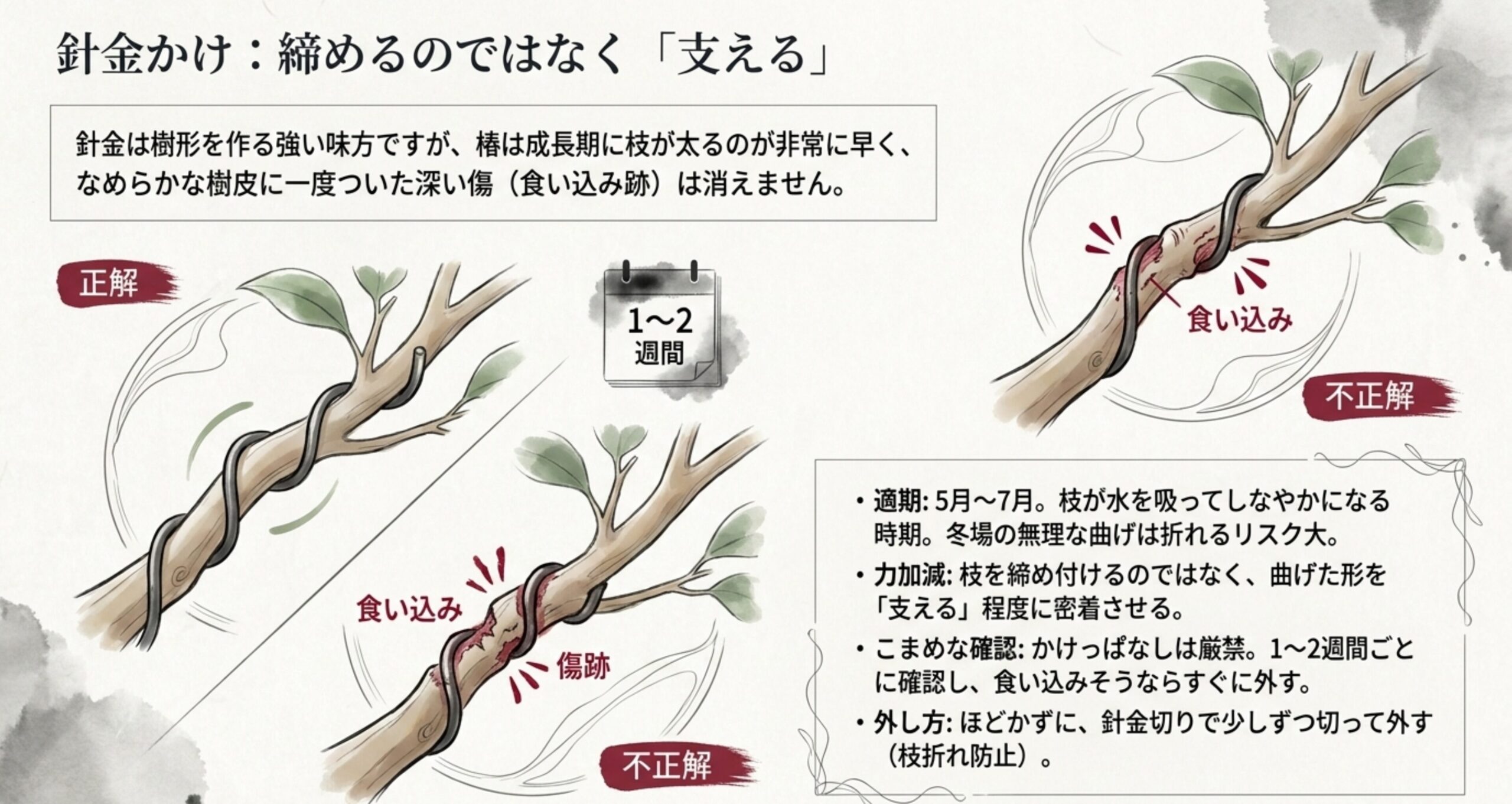 椿盆栽の枝に食い込まないよう、締め付けずに樹形を支える正しい針金かけと間違った例の比較図解