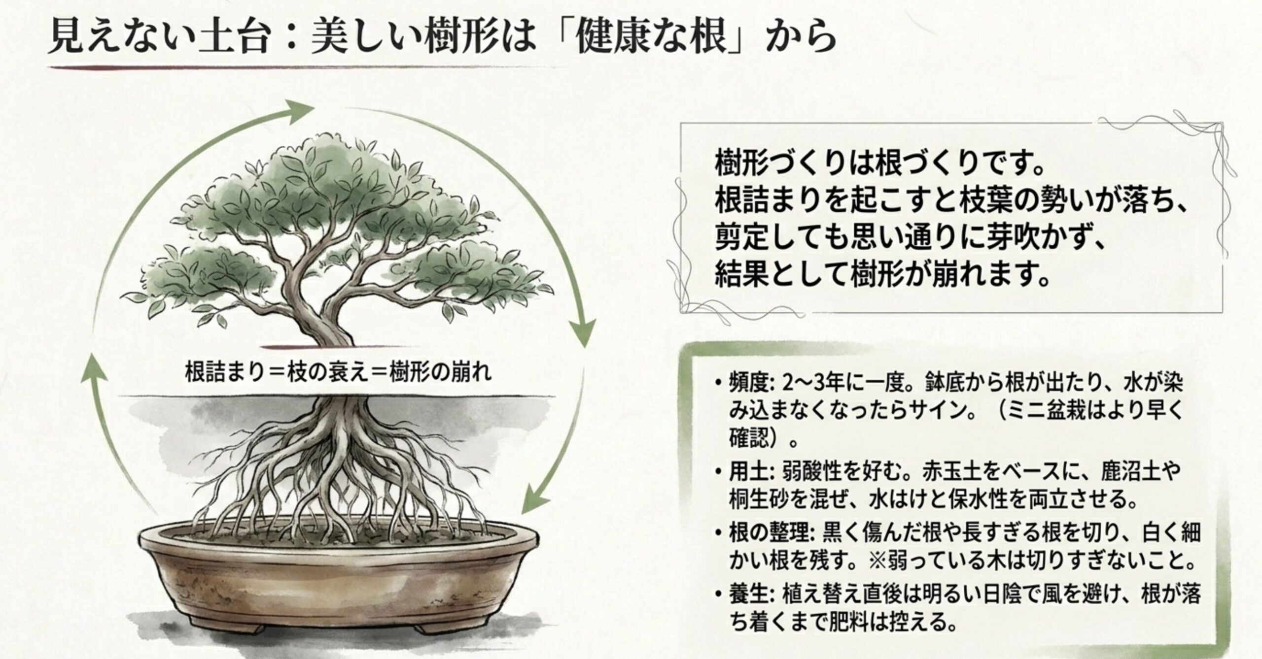 美しい樹形は健康な根から作られることを示し、植え替えや根の整理の重要性を説明した図解