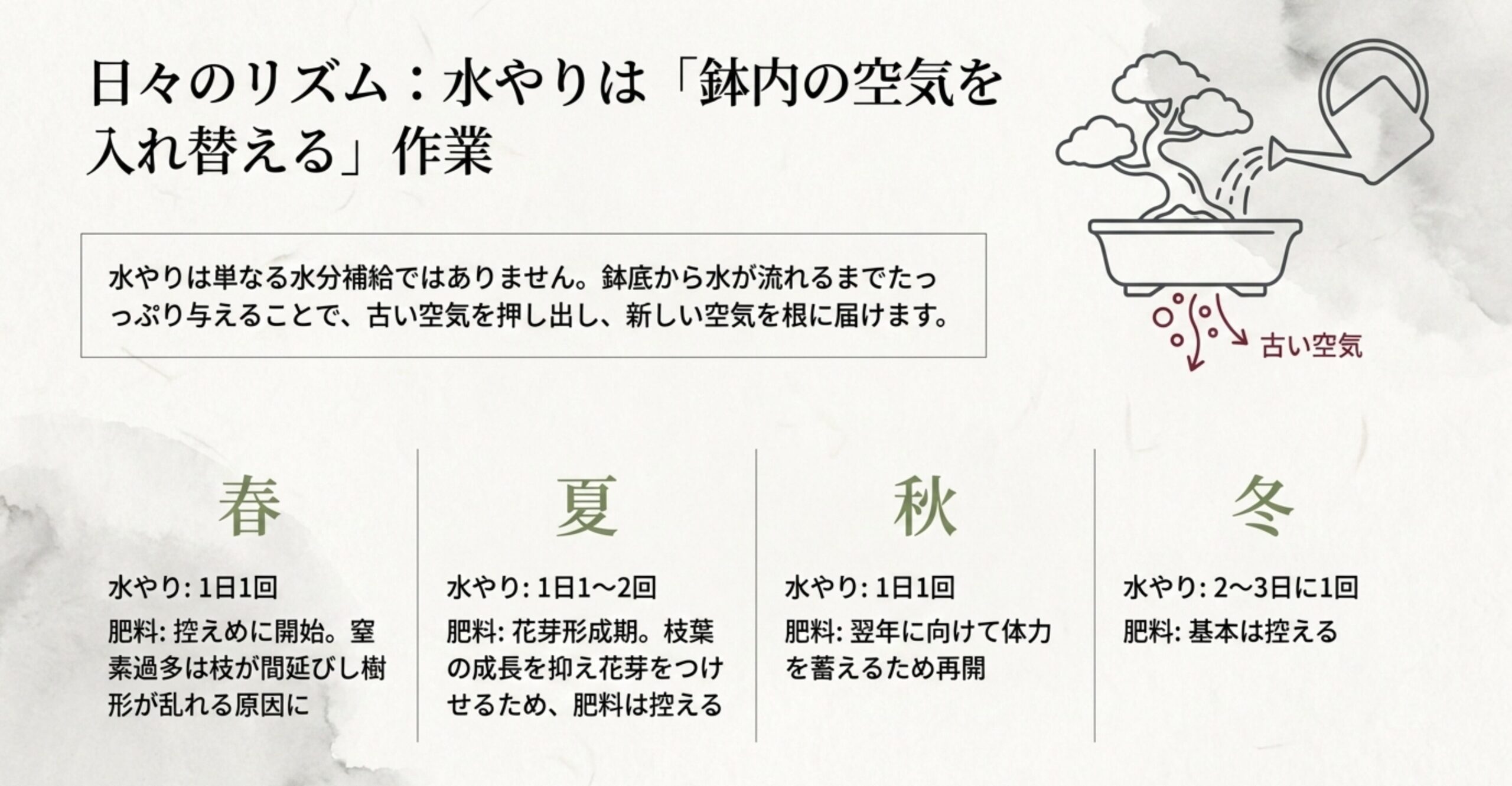 水やりは鉢内の空気を入れ替える作業であることを示し、樹形を保つための季節ごとの水やり頻度と肥料の目安表