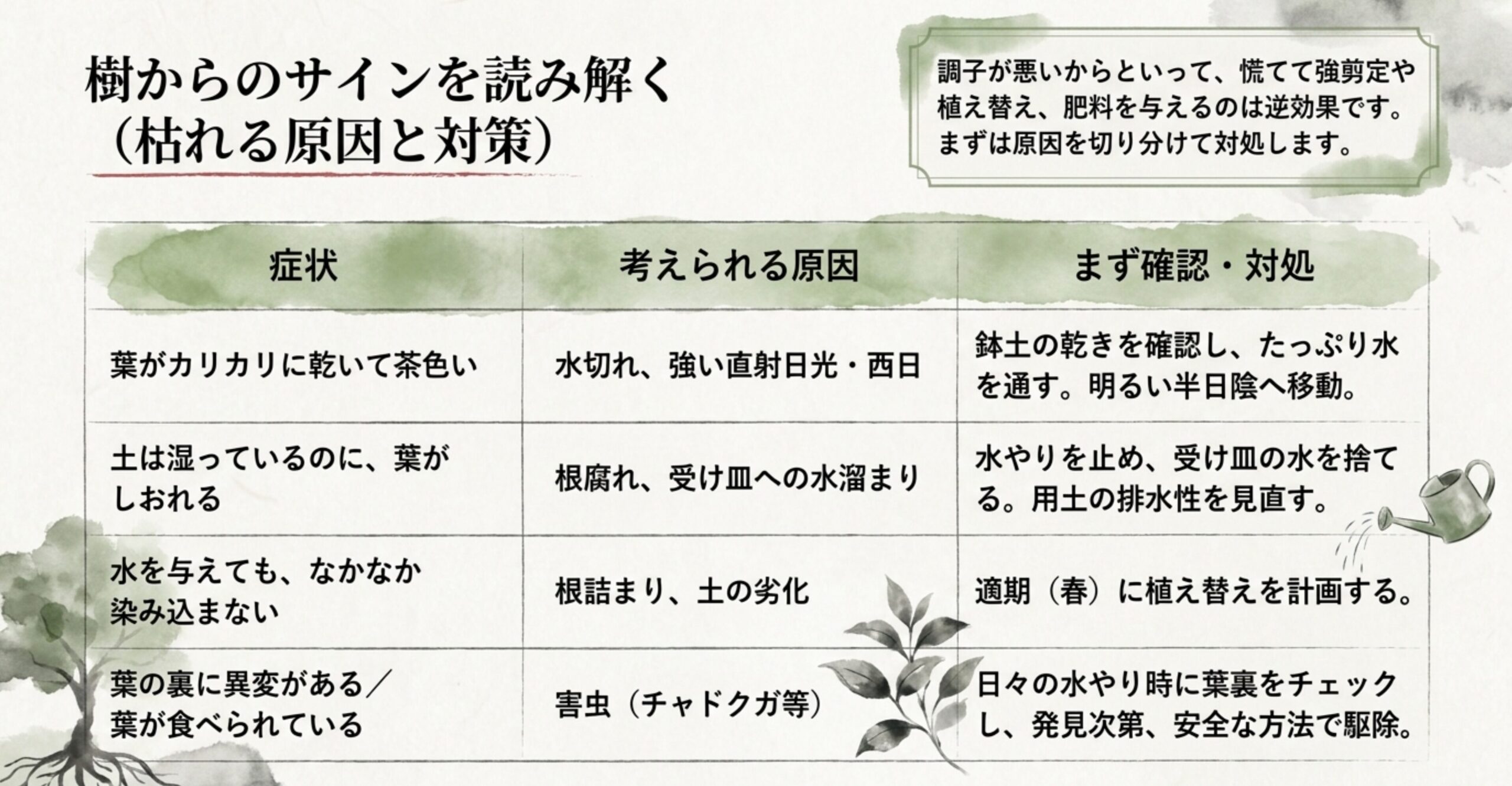 椿盆栽が枯れる原因と、樹形が乱れる前のサイン(葉のしおれ等)を読み解き対処法をまとめた表