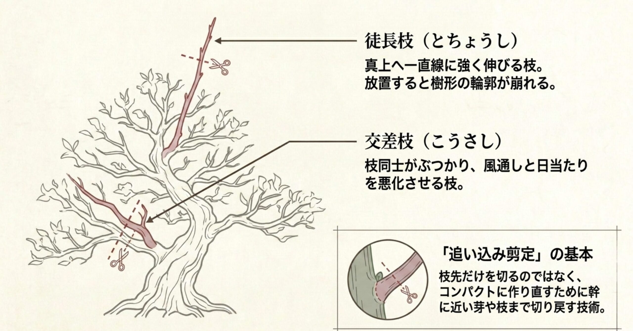 梅盆栽の不要枝（徒長枝・交差枝）のイラストと追い込み剪定の基本