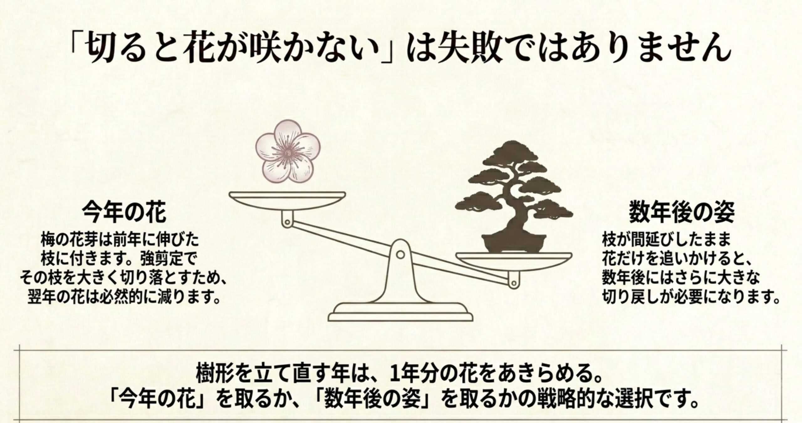 今年の花と数年後の樹形を天秤にかけるイラスト