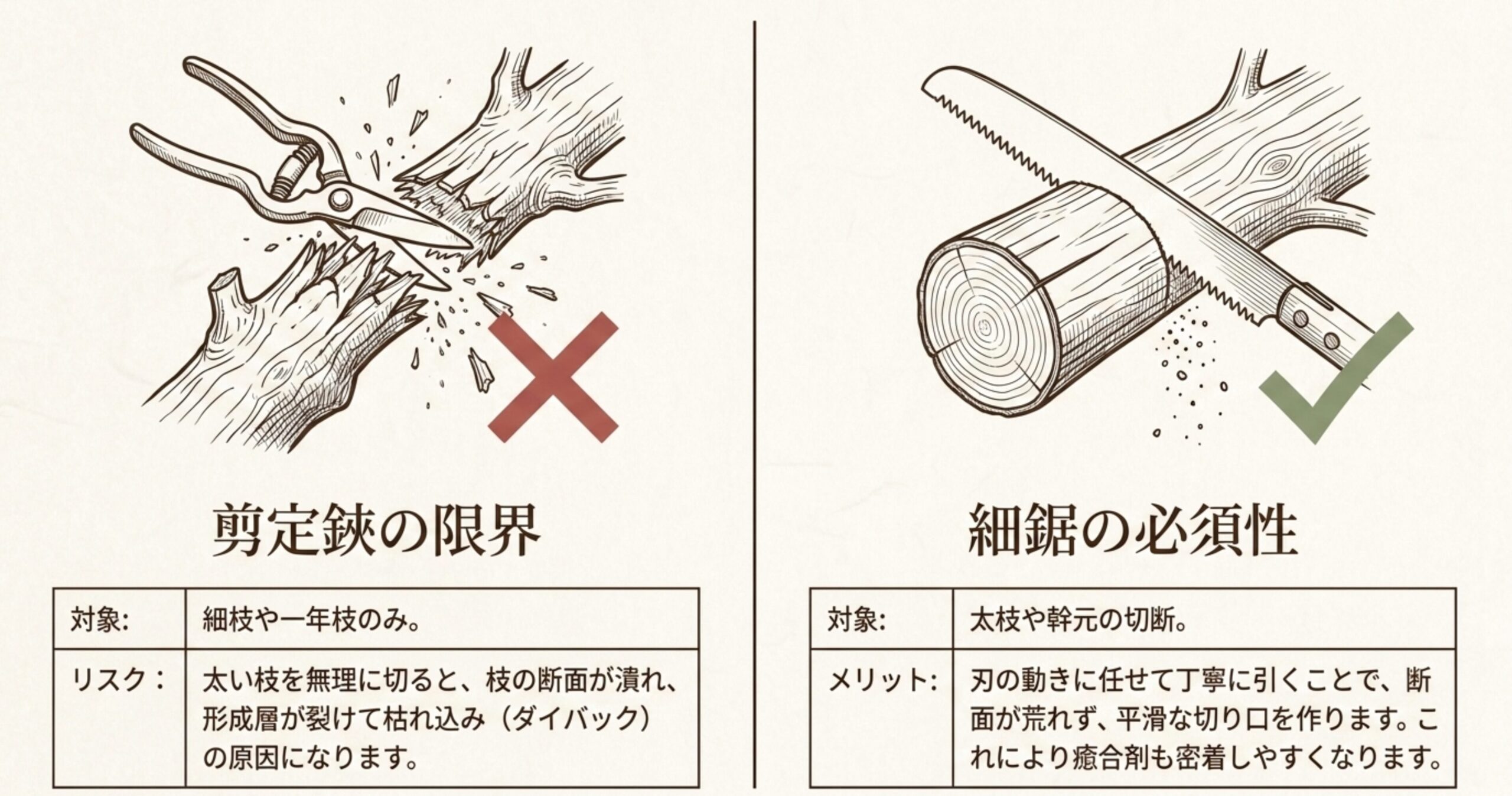 太枝を切る際に剪定鋏はNG、細鋸を使うのが正しい切断方法であることを示すイラスト