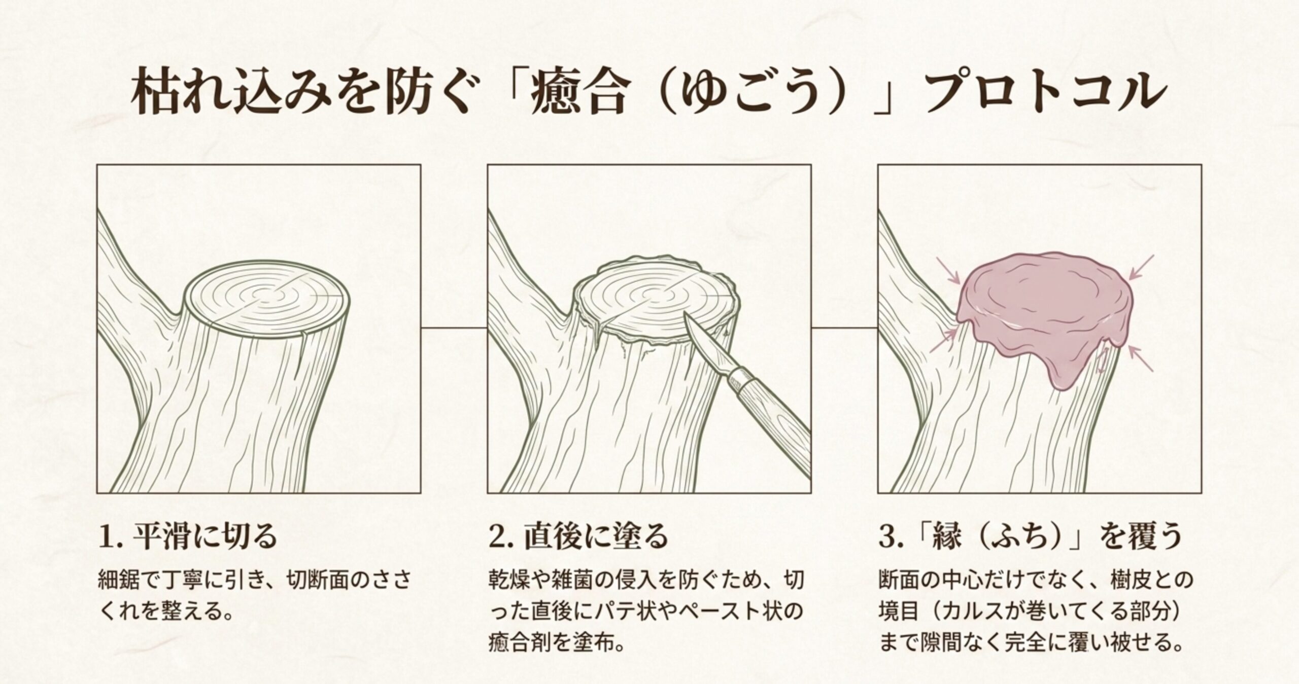 平滑に切る、直後に塗る、縁を覆うという癒合剤の正しい塗り方の3ステップ