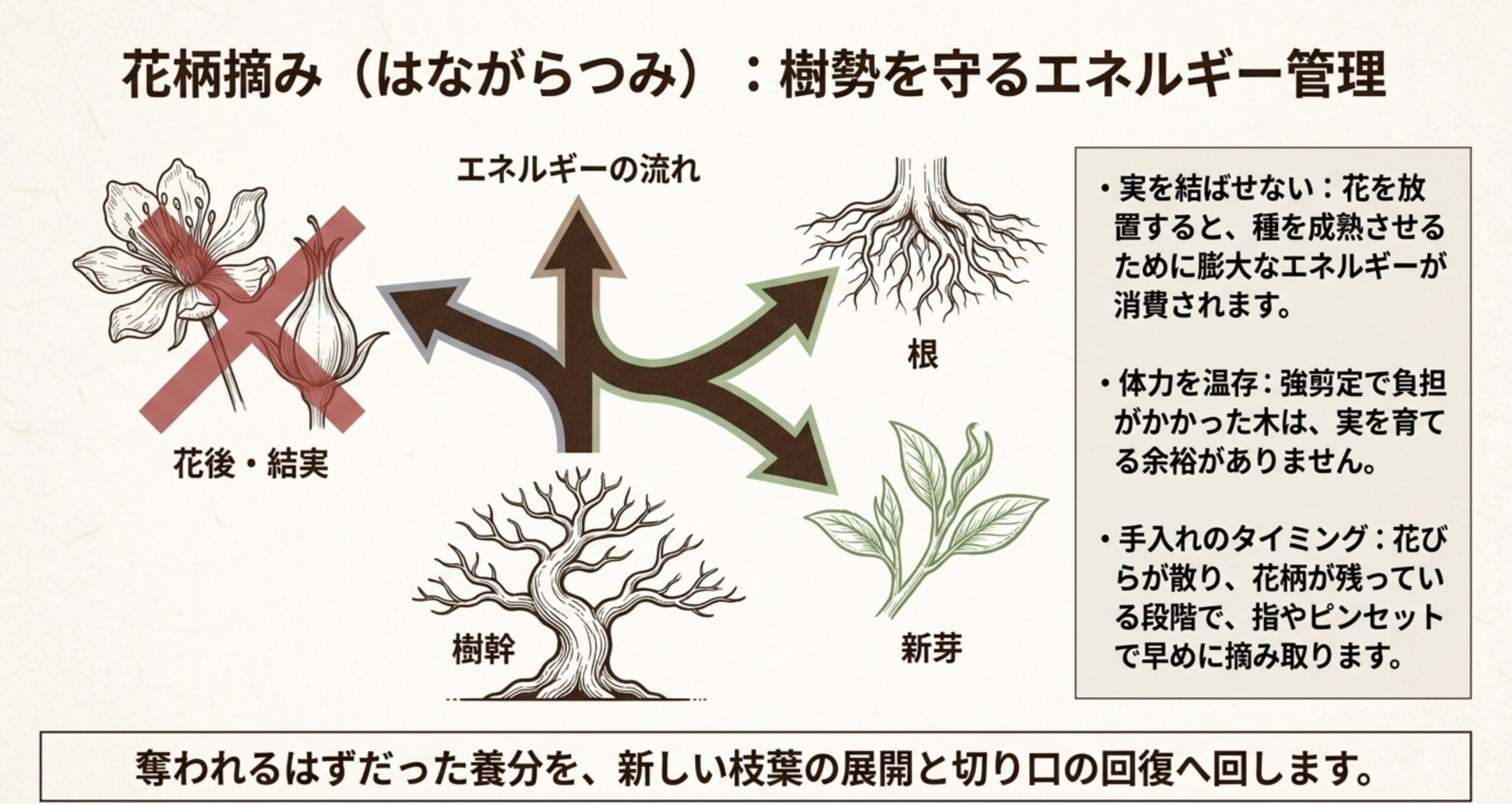 花柄摘みによって実へ向かうエネルギーを根や新芽に振り分ける仕組み