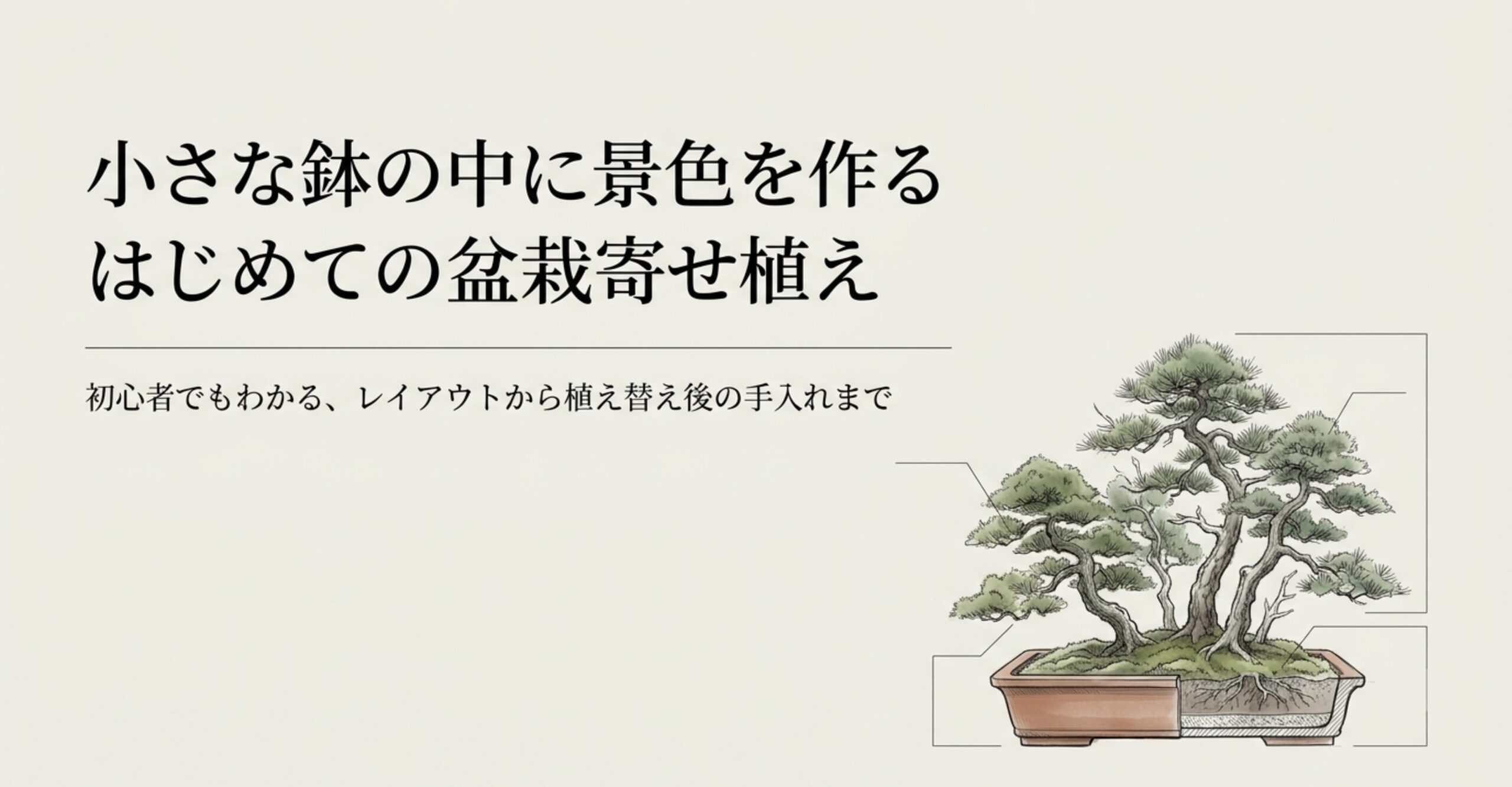 小さな鉢の中に景色を作る、はじめての盆栽寄せ植えの完成イメージイラスト