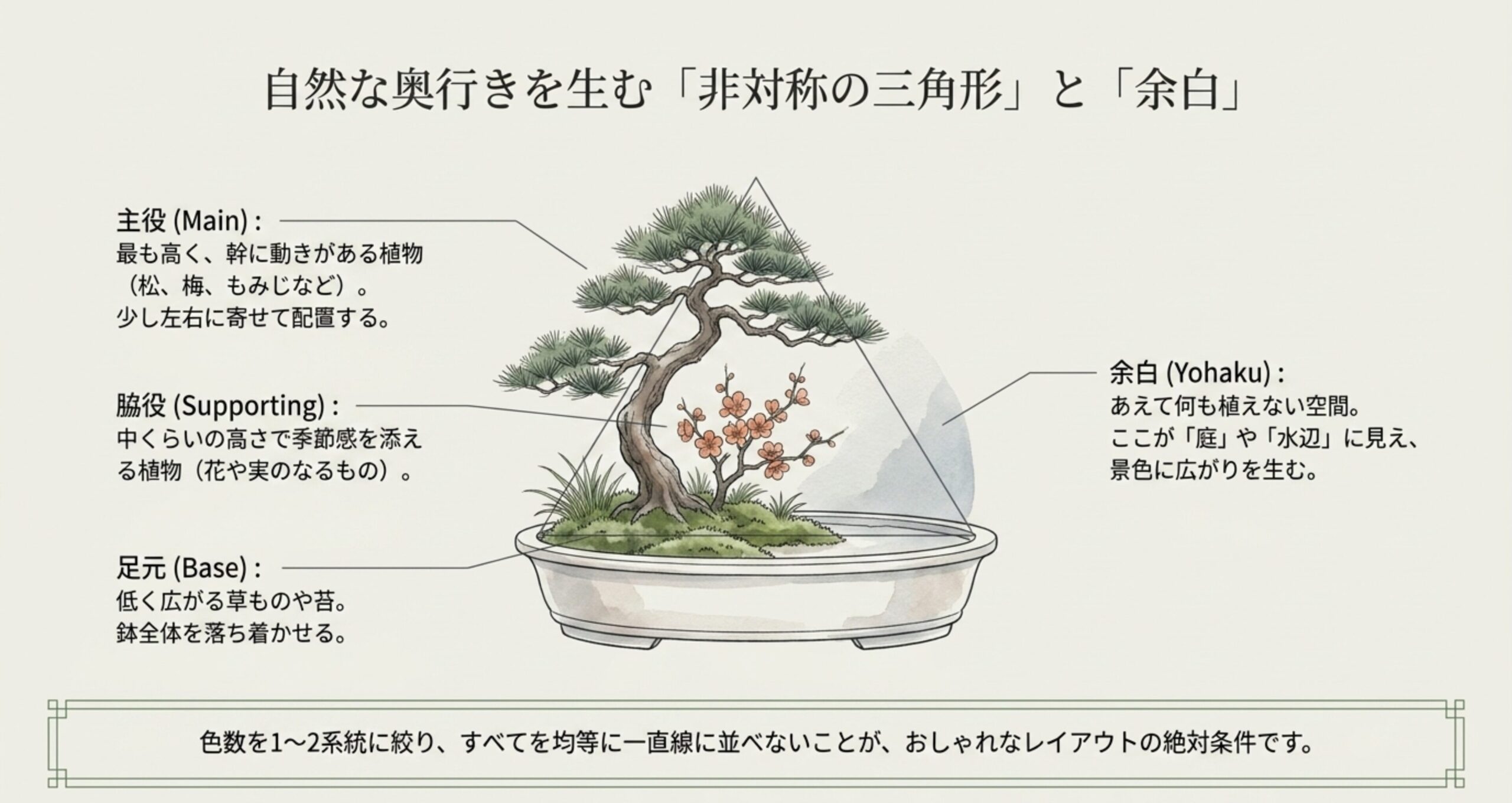主役、脇役、足元の植物を非対称の三角形に配置し、水辺などの余白を作って自然な奥行きを生むレイアウト図